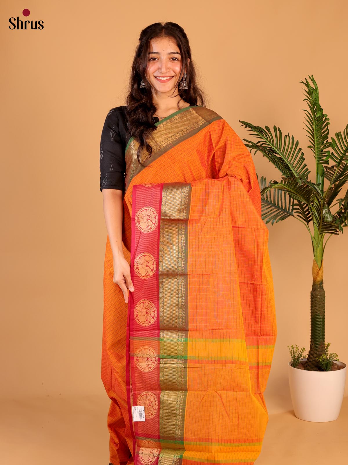 Orange & Green- Chettinad Cotton Saree - Shop on ShrusEternity.com