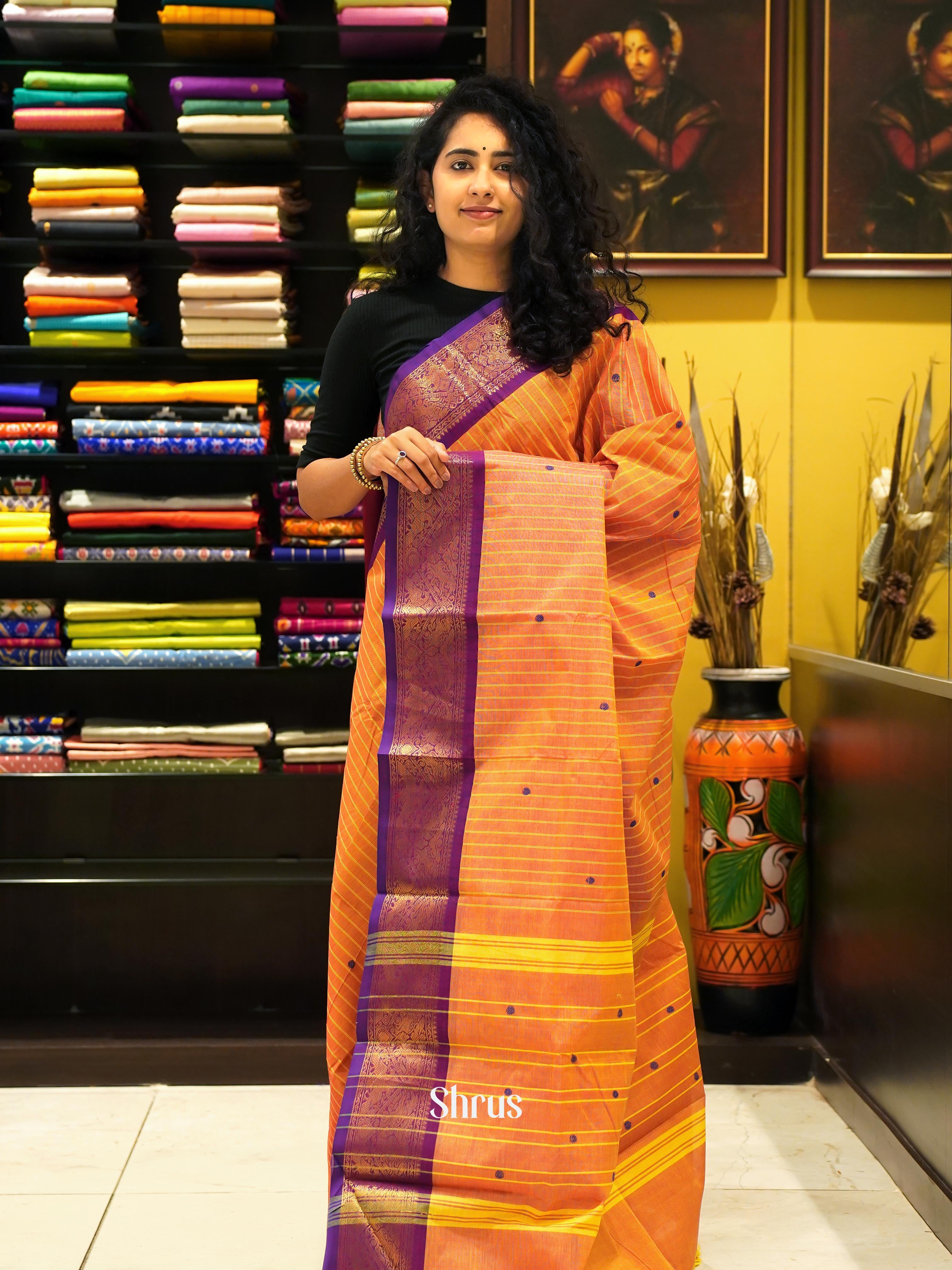 Orange & Purple - Chettinad Cotton Saree - Shop on ShrusEternity.com