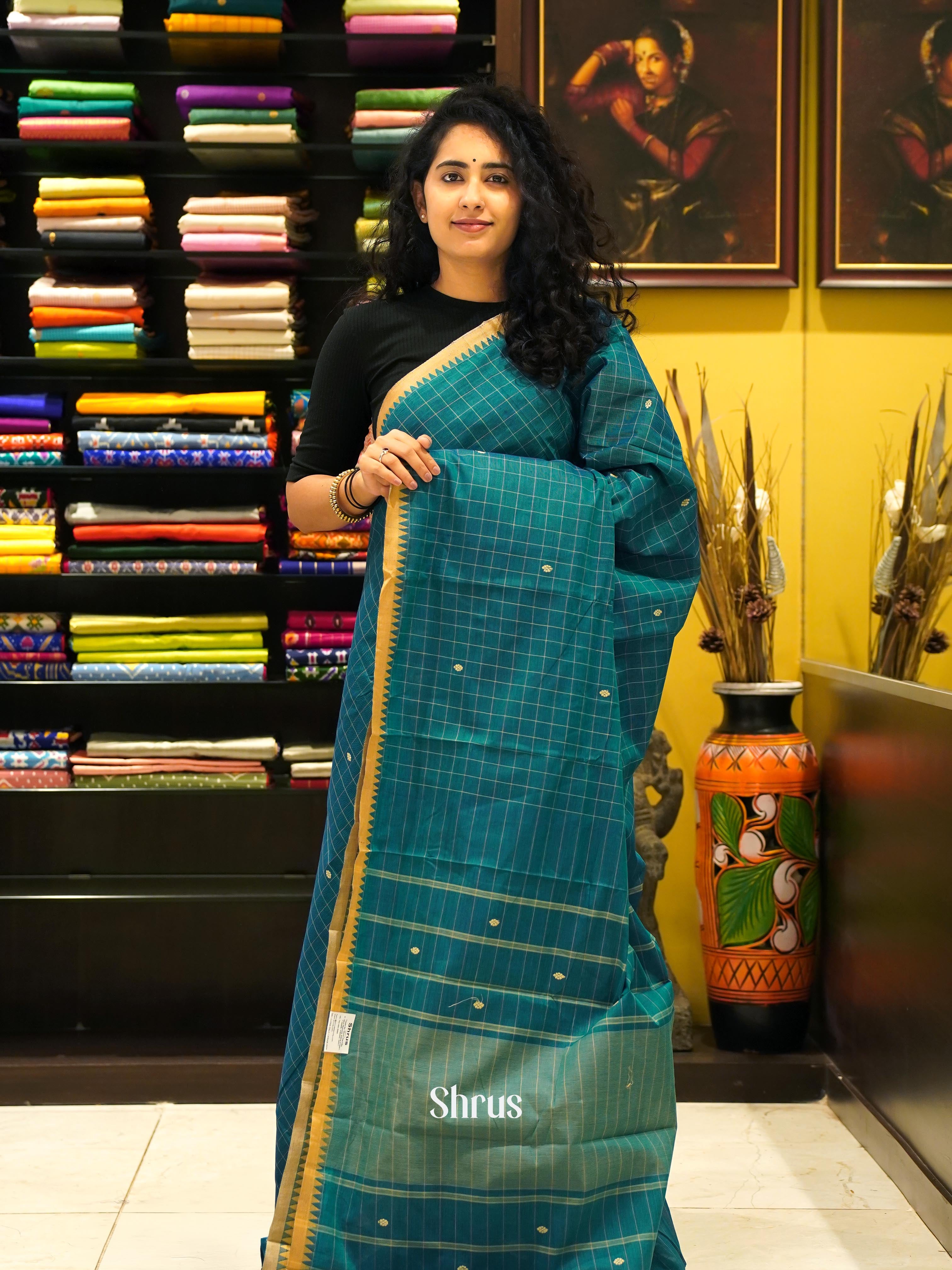 Blue - Chettinad Cotton Saree - Shop on ShrusEternity.com