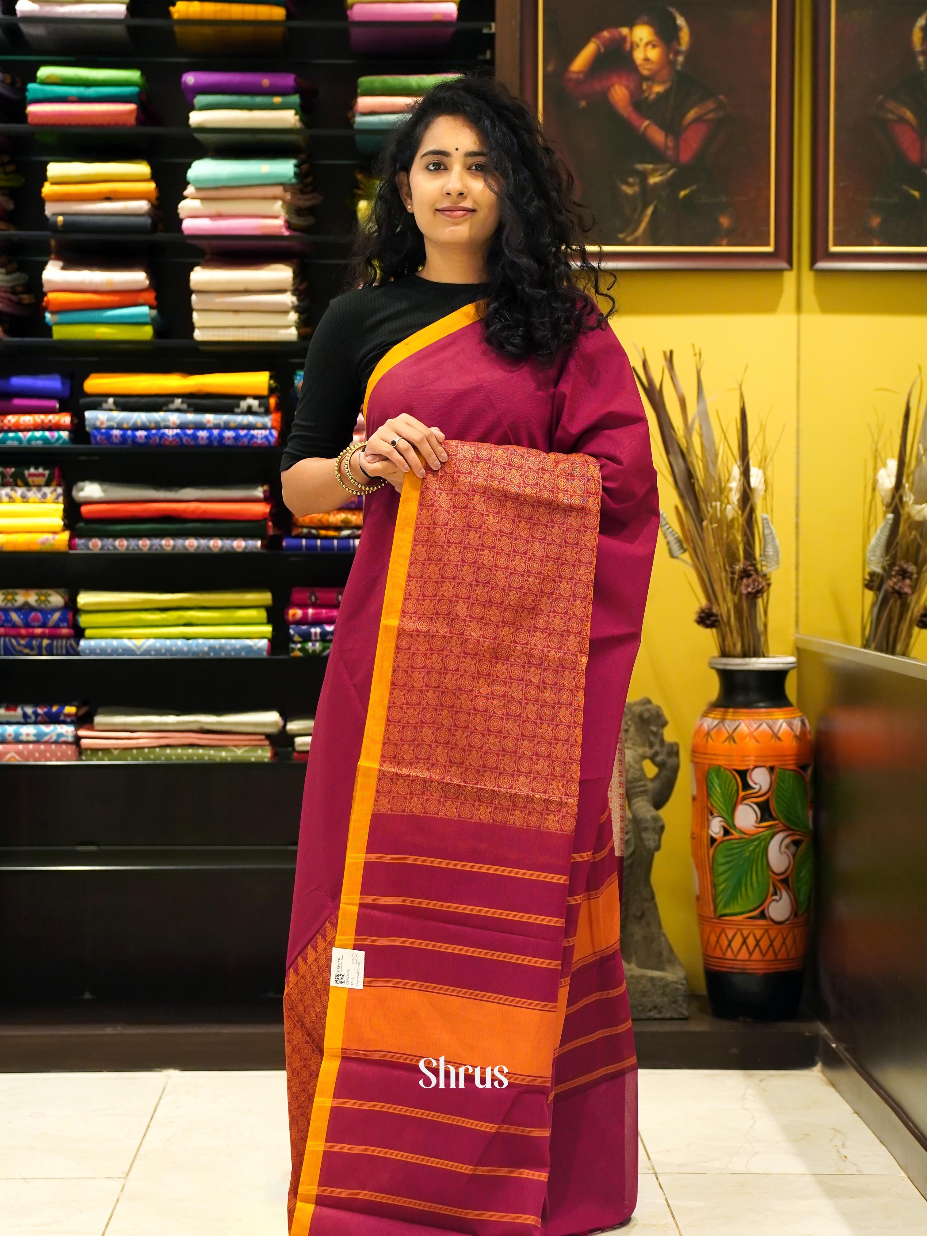 Maroon & Yellow - Chettinad Cotton Saree - Shop on ShrusEternity.com