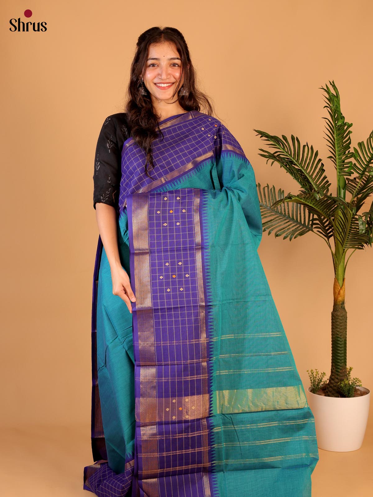 Teal & Blue - Chettinad Cotton Saree - Shop on ShrusEternity.com