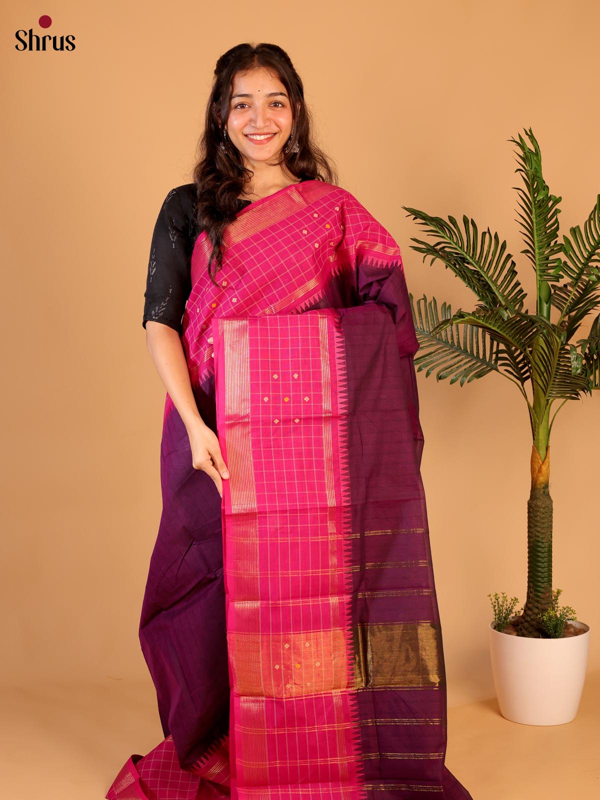 Purple & Pink - Chettinad Cotton Saree - Shop on ShrusEternity.com