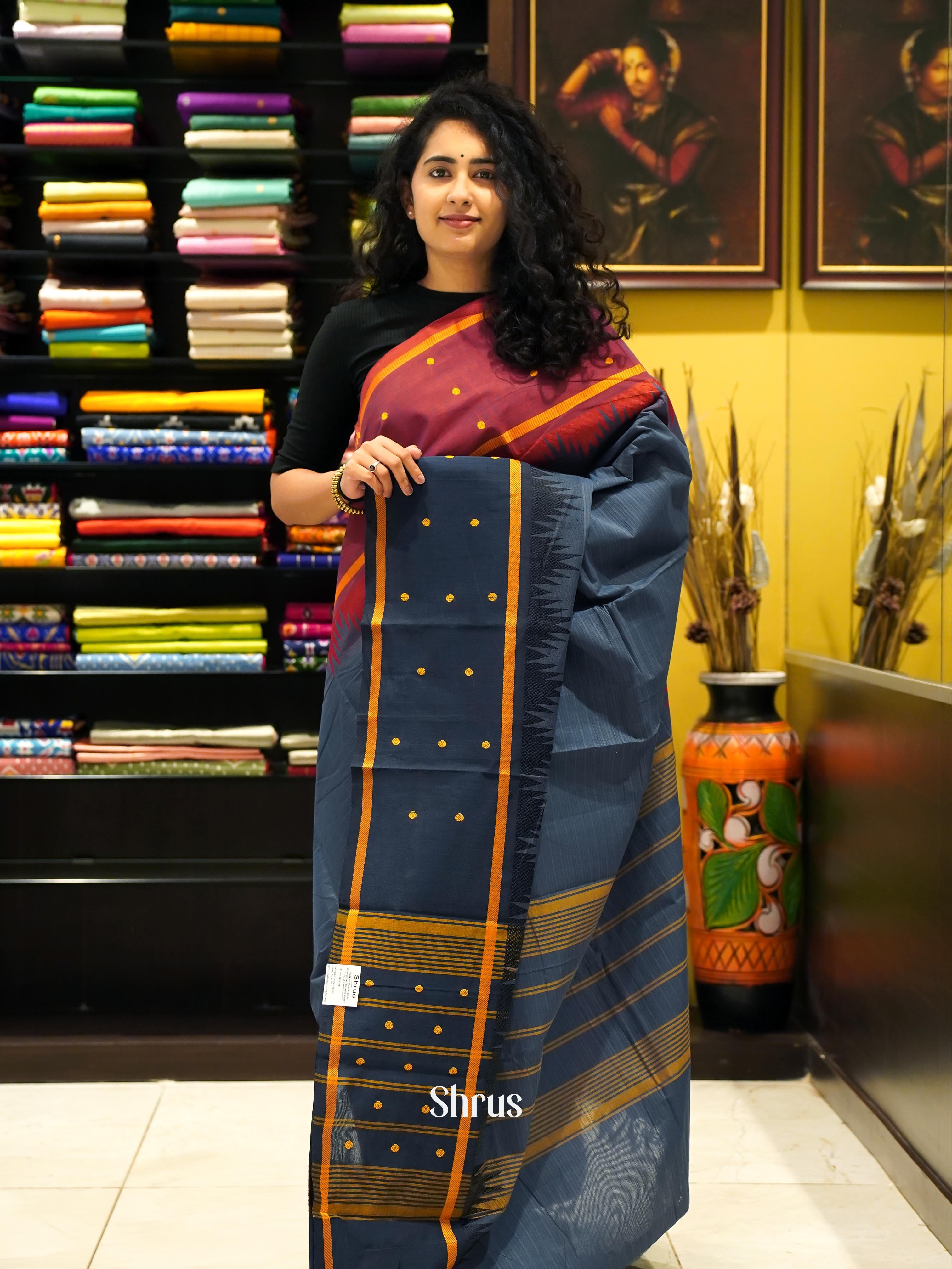 Grey & Blue - Chettinad Cotton Saree - Shop on ShrusEternity.com