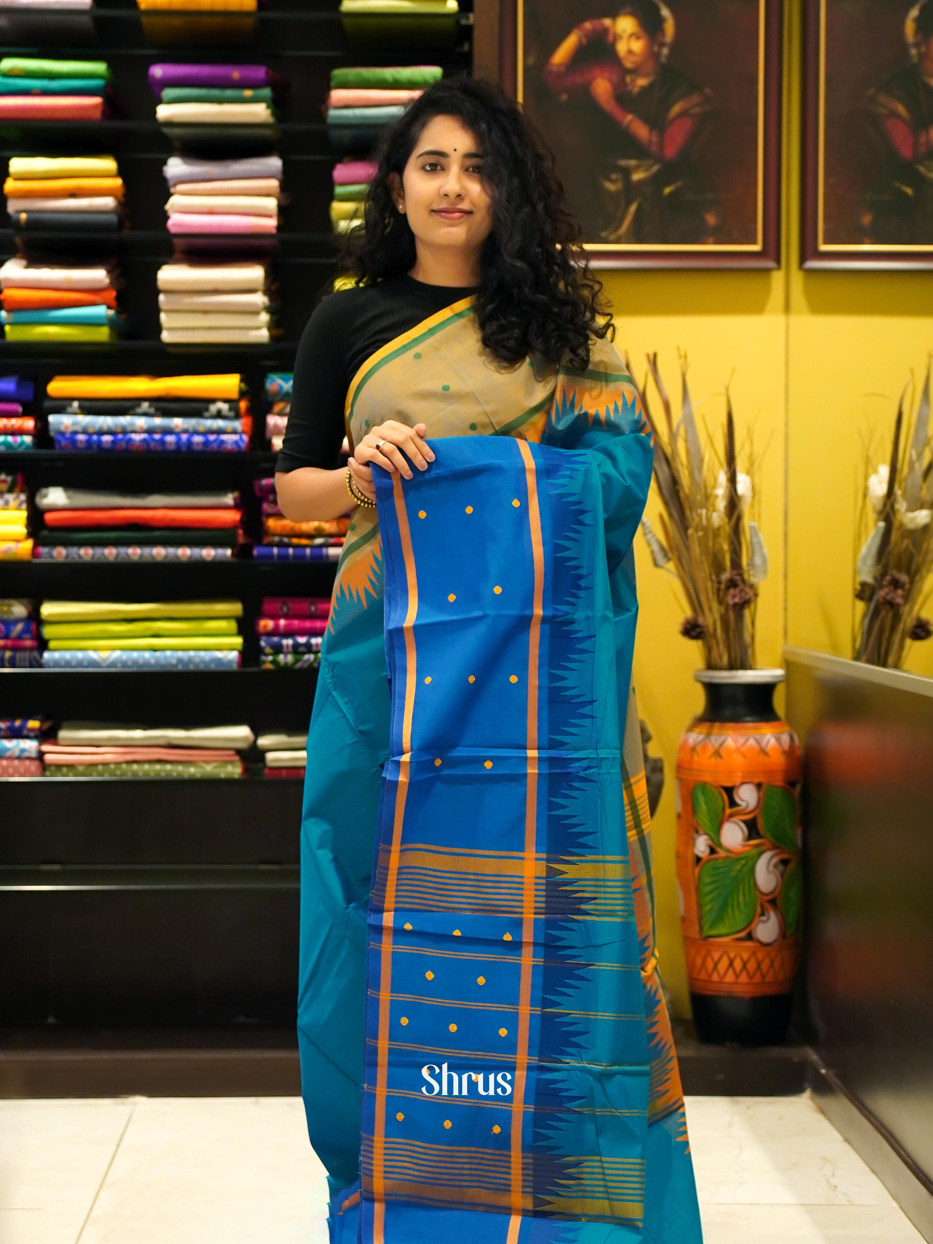Blue & Yellow - Chettinad Cotton Saree - Shop on ShrusEternity.com