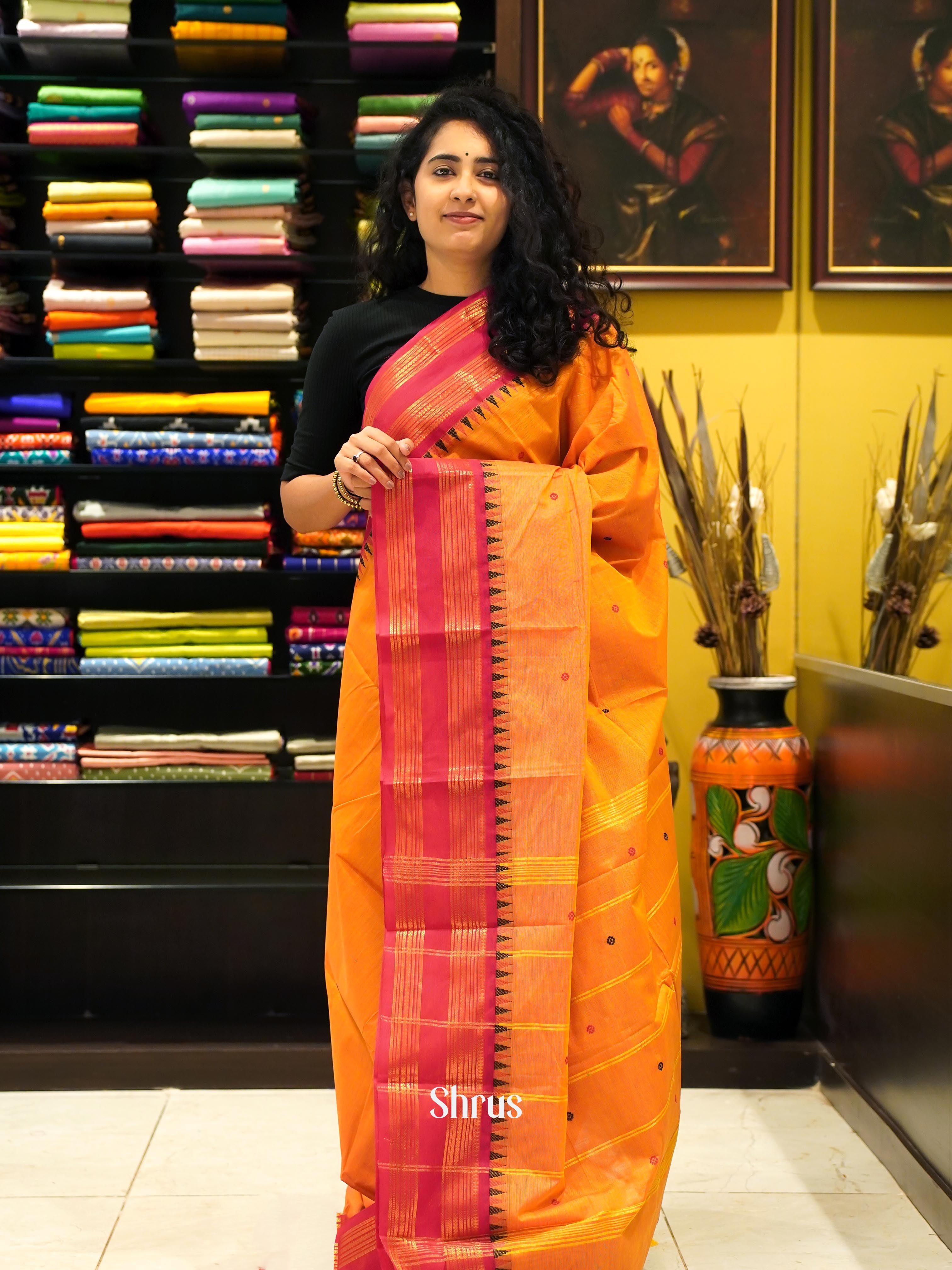 Orange & Red - Chettinad Cotton Saree - Shop on ShrusEternity.com
