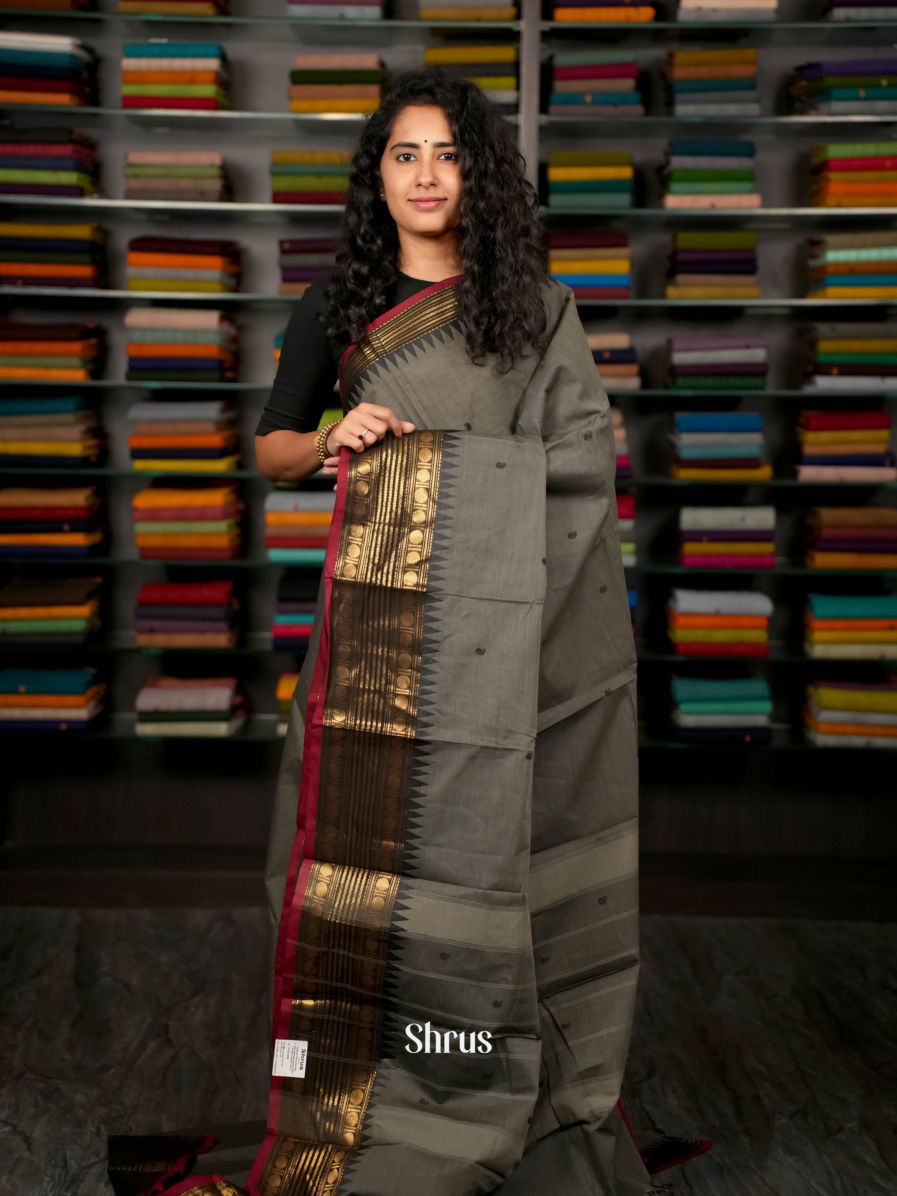 Grey & Black - Chettinad Cotton Saree - Shop on ShrusEternity.com