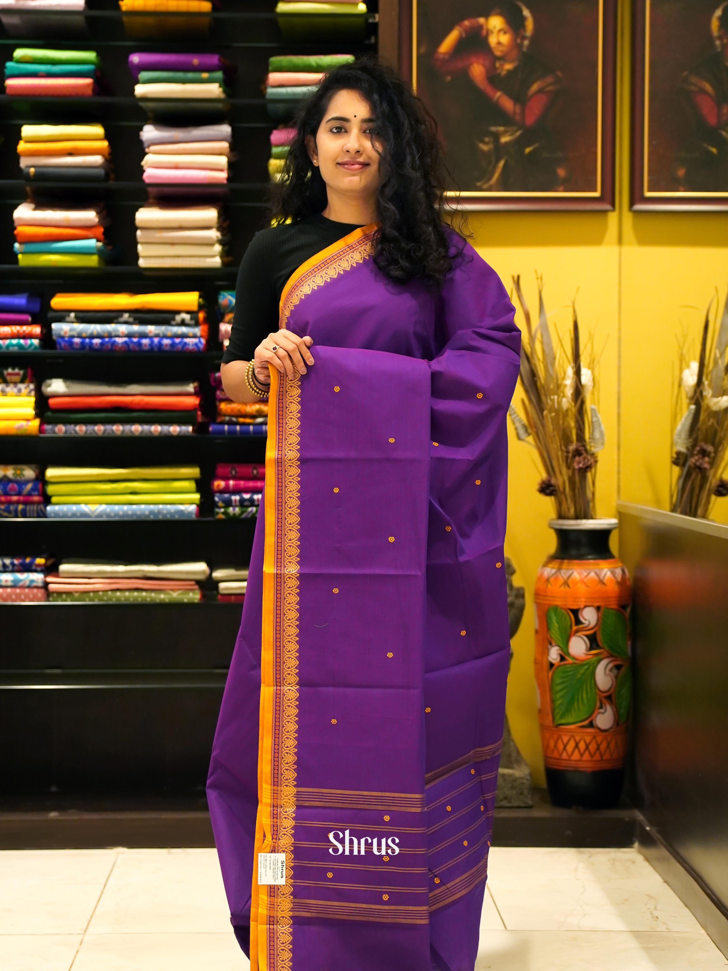 Violet & Yellow- Chettinad Cotton Saree - Shop on ShrusEternity.com