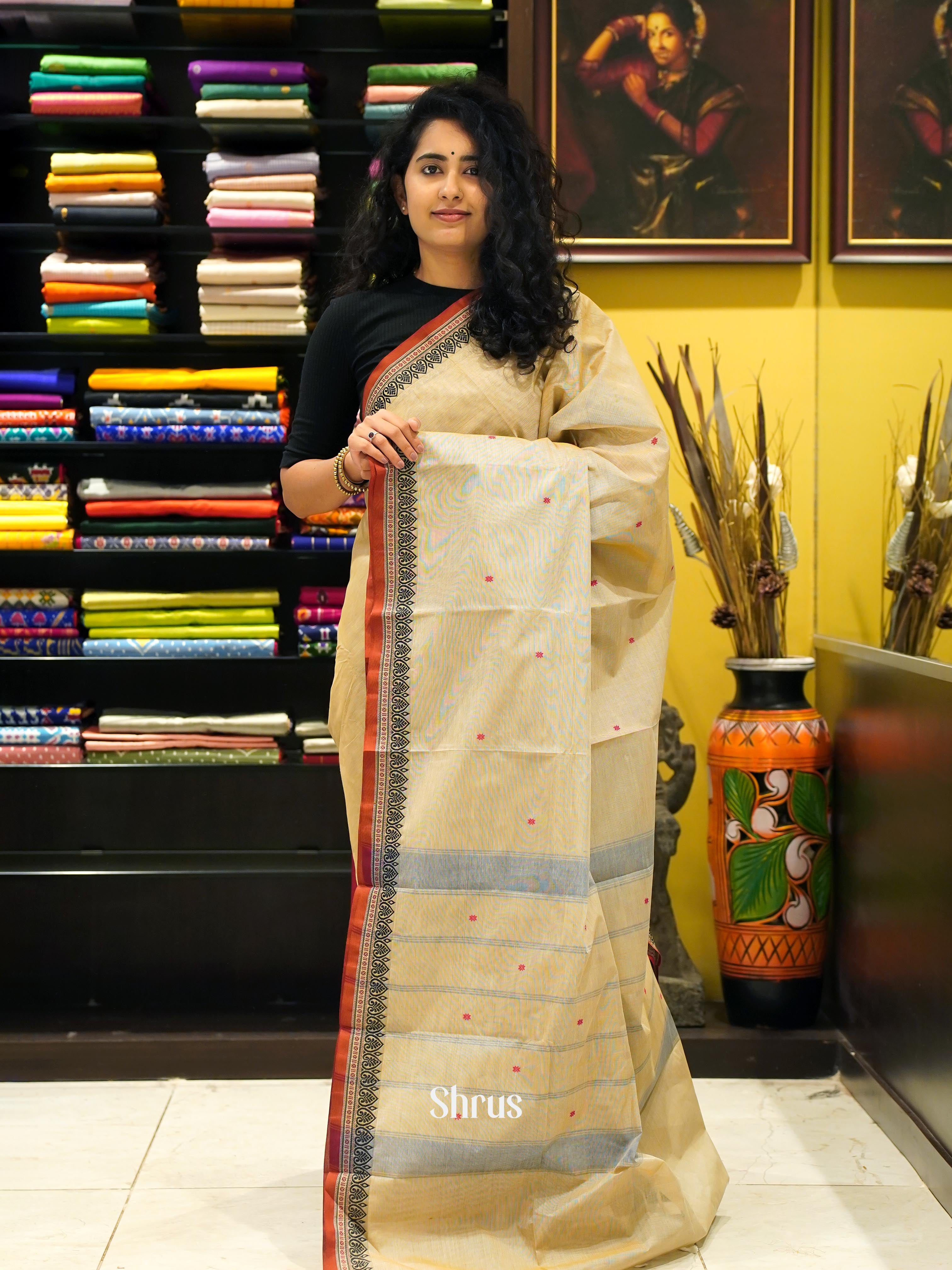 Cream & Red - Chettinad Cotton Saree - Shop on ShrusEternity.com