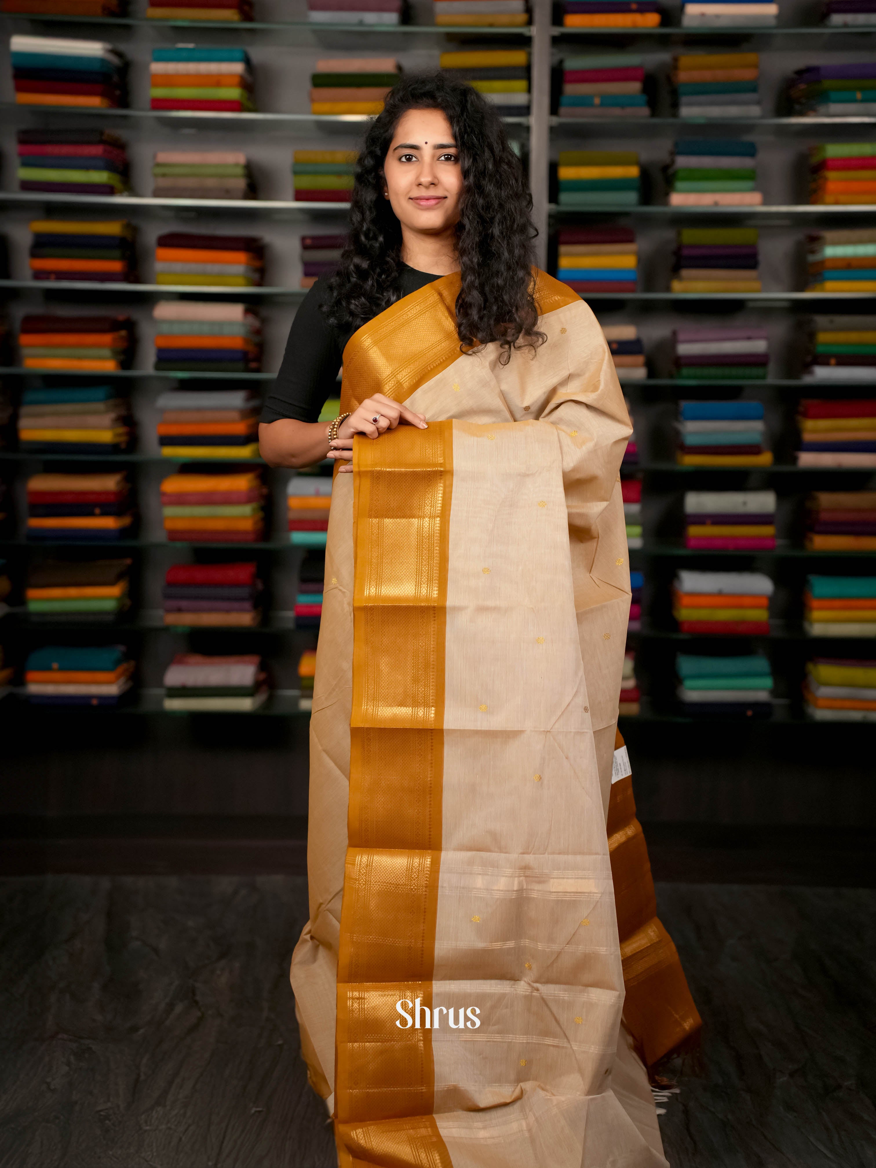 Cream & Brown - Chettinad Cotton Saree - Shop on ShrusEternity.com