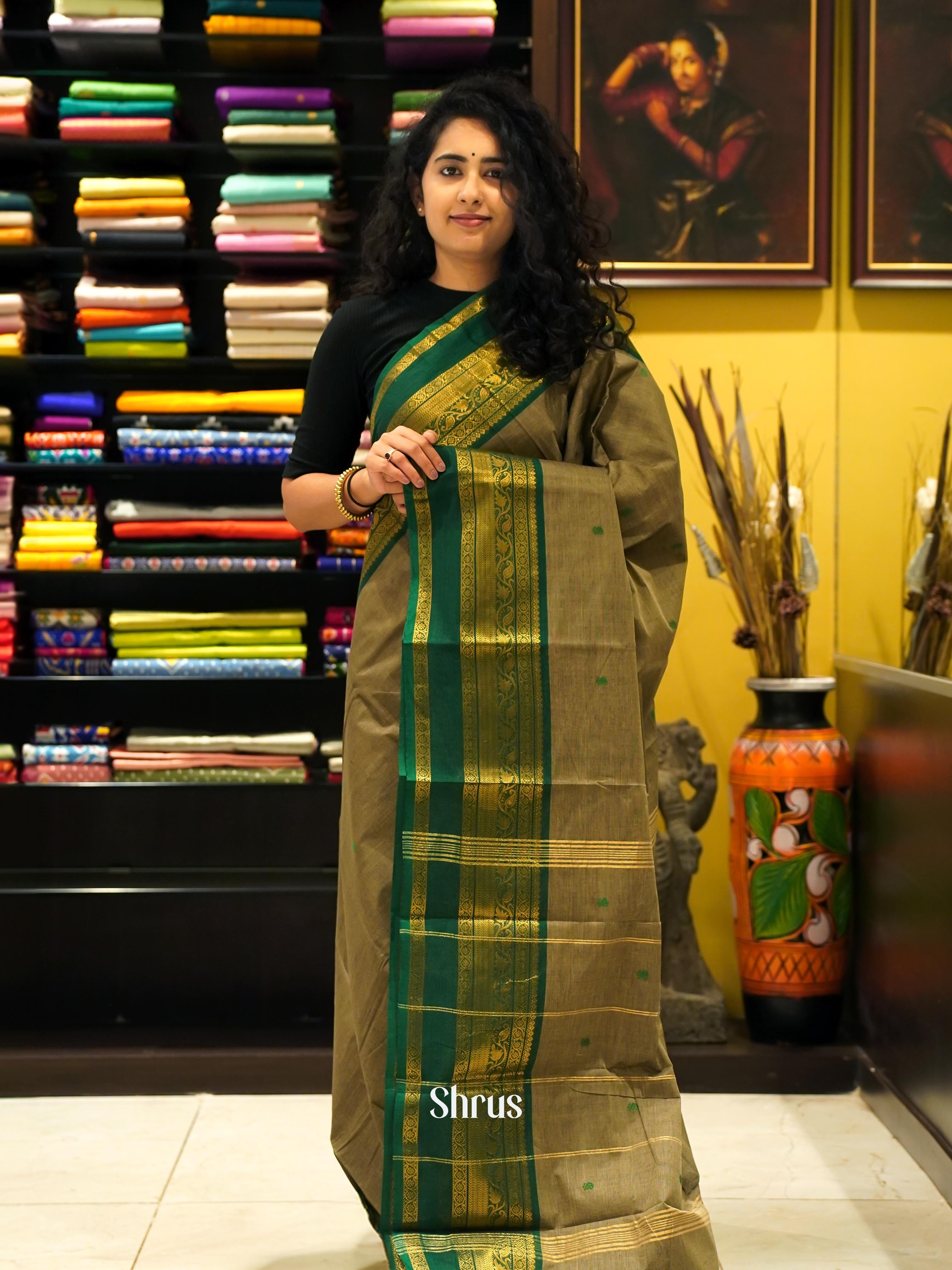 Grey & Green - Chettinad Cotton Saree - Shop on ShrusEternity.com