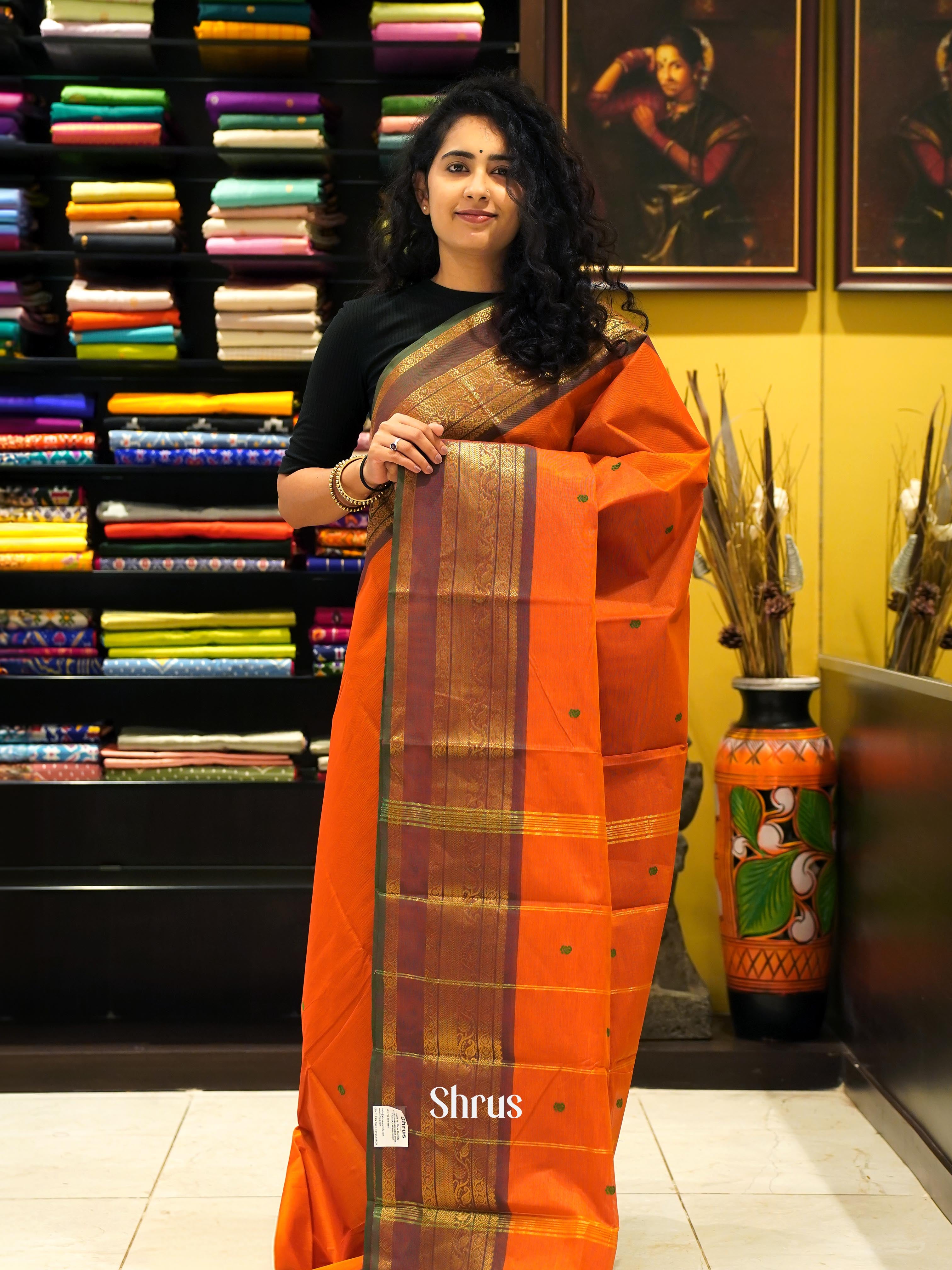Orange & Brown - Chettinad Cotton Saree - Shop on ShrusEternity.com