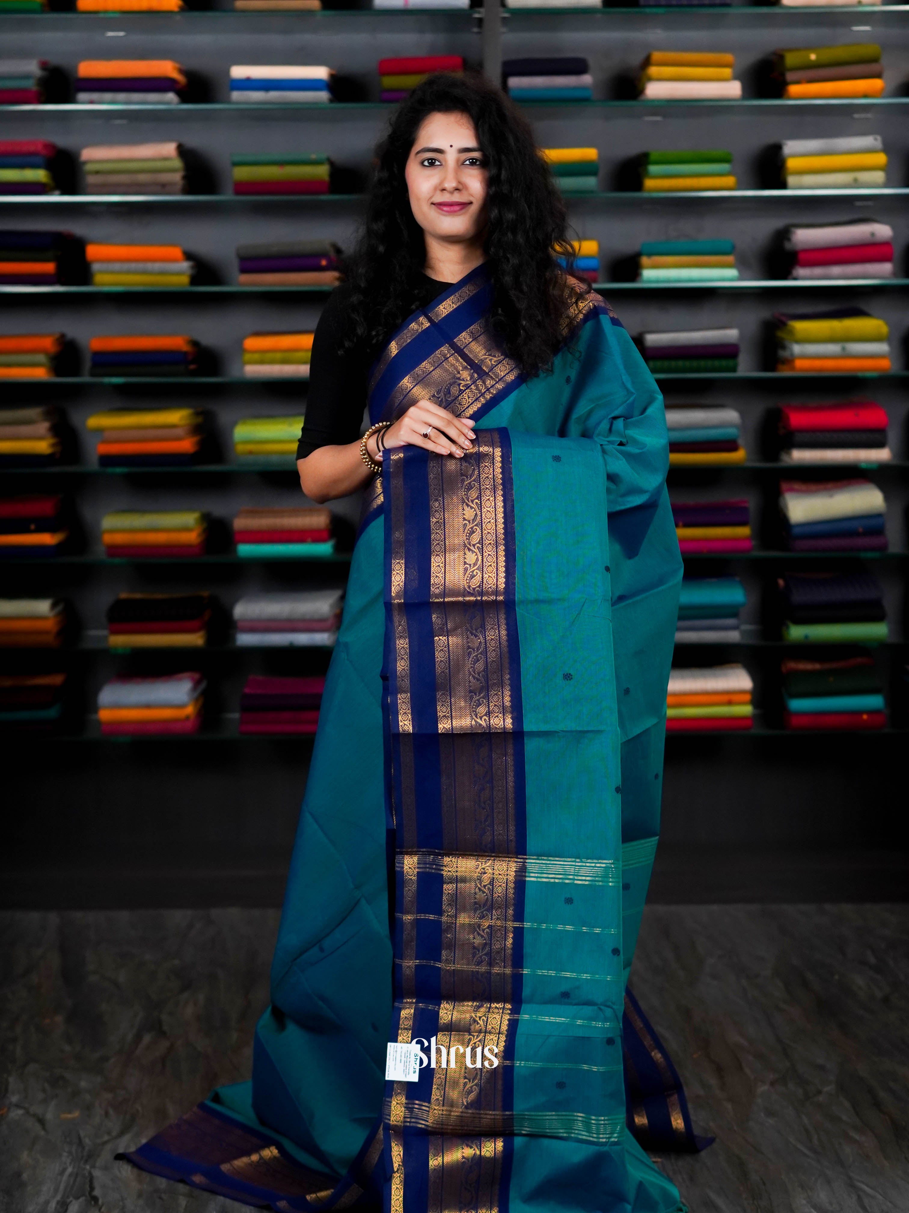 Teal & Blue - Chettinad Cotton Saree - Shop on ShrusEternity.com
