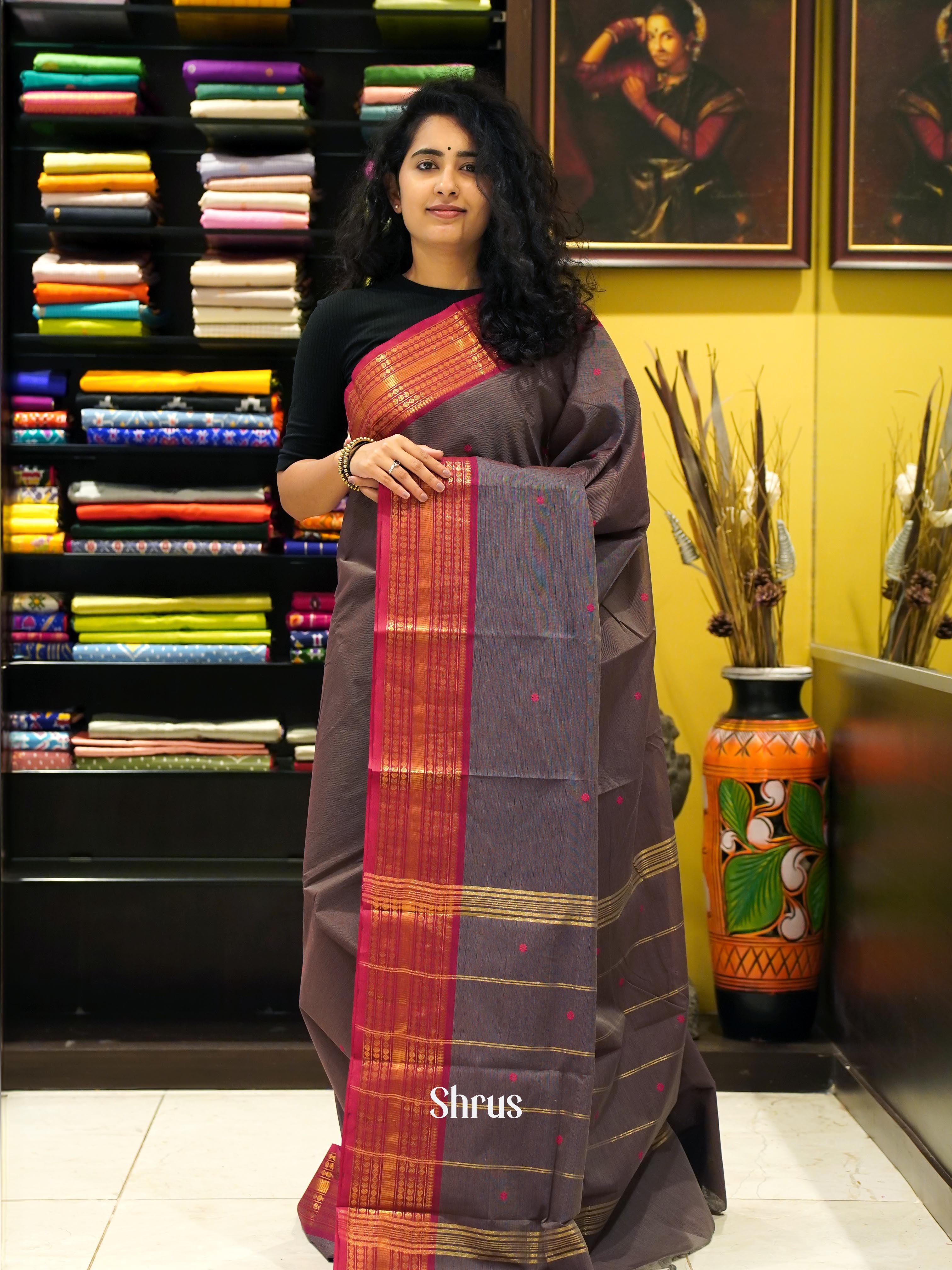 Grey & Red- Chettinad Cotton Saree - Shop on ShrusEternity.com