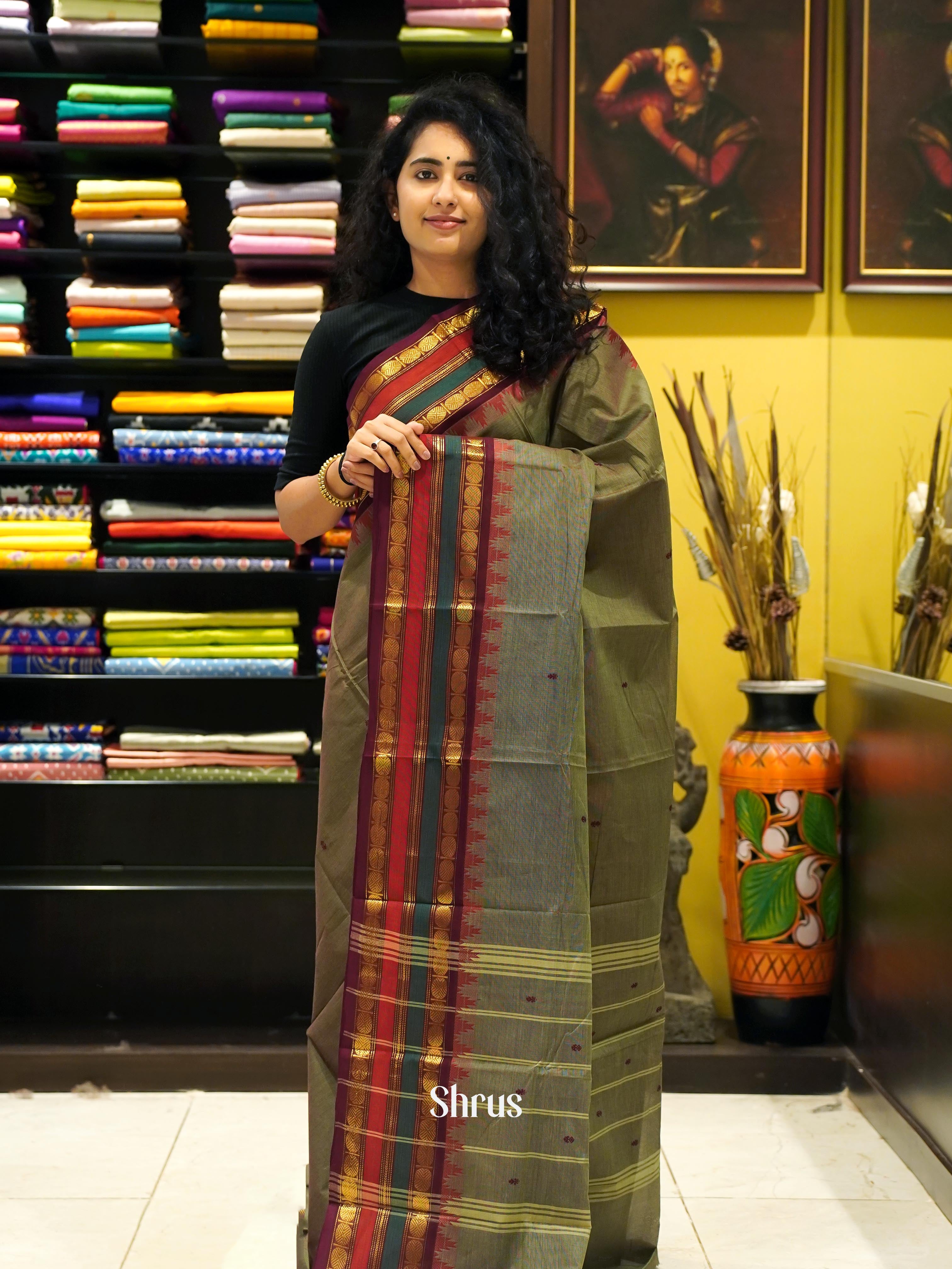 Grey & Maroon - Chettinad Cotton Saree - Shop on ShrusEternity.com