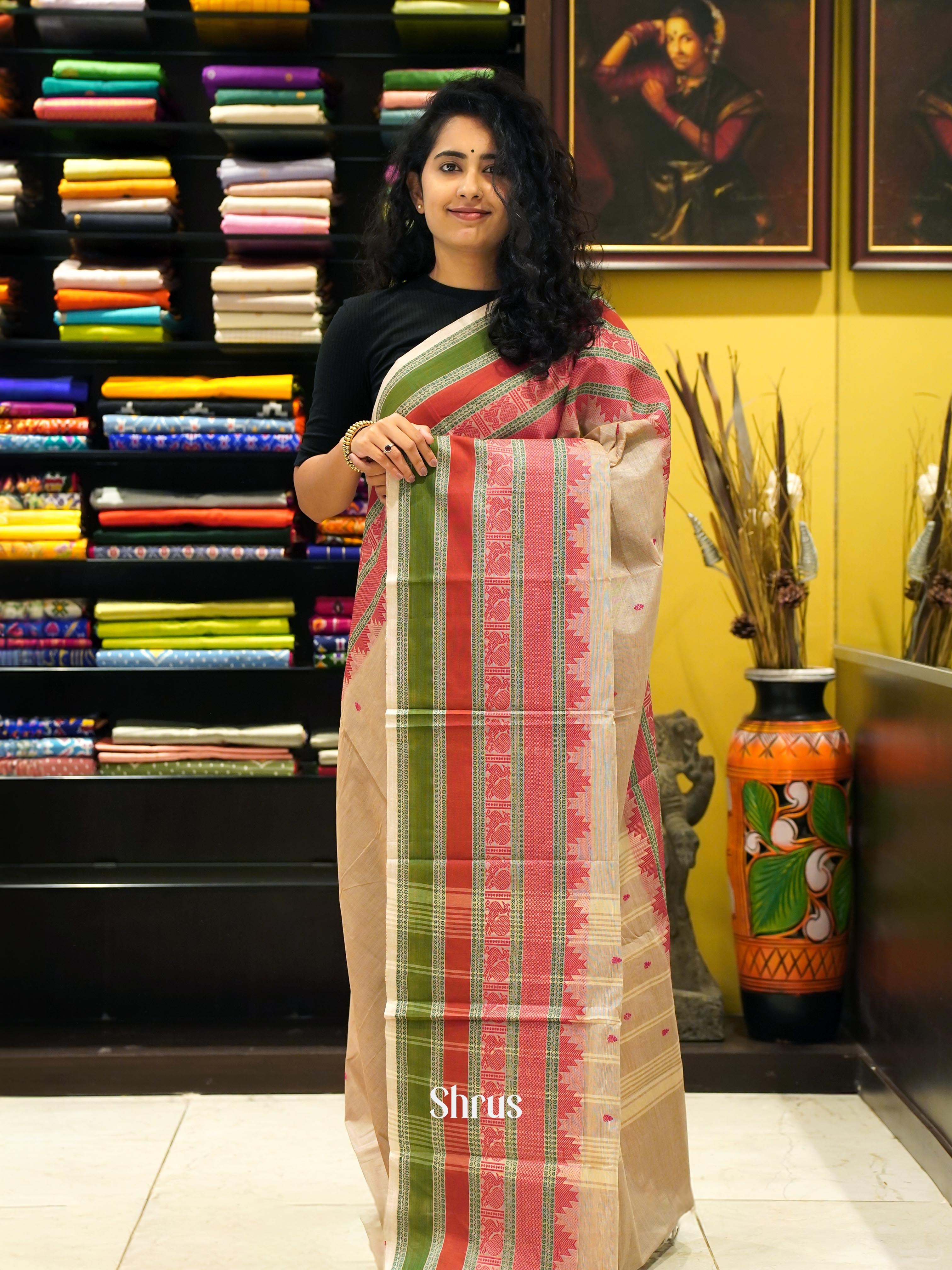Beige & Red - Chettinad Cotton Saree - Shop on ShrusEternity.com
