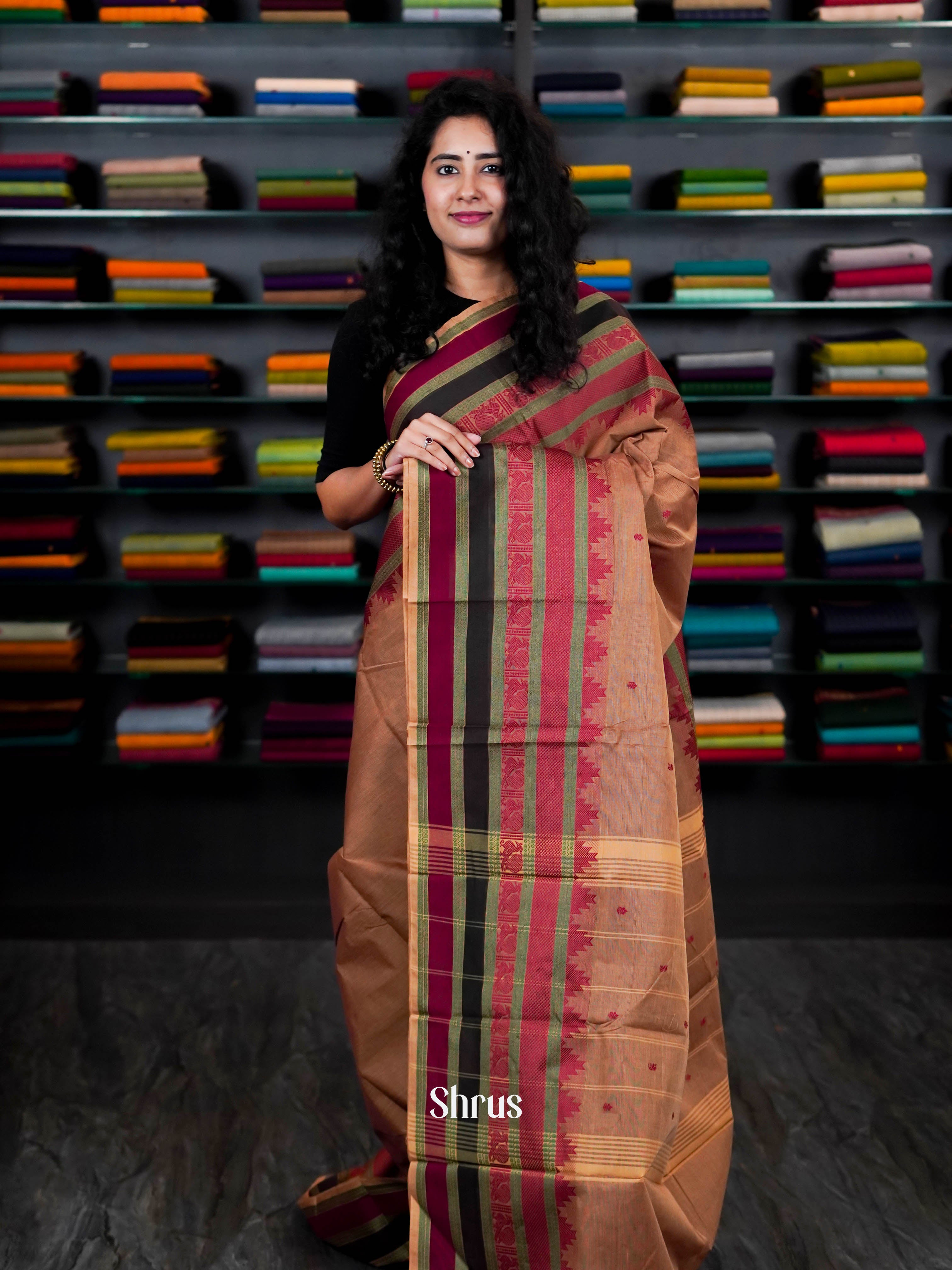 Brown & Maroon- Chettinad Cotton Saree - Shop on ShrusEternity.com