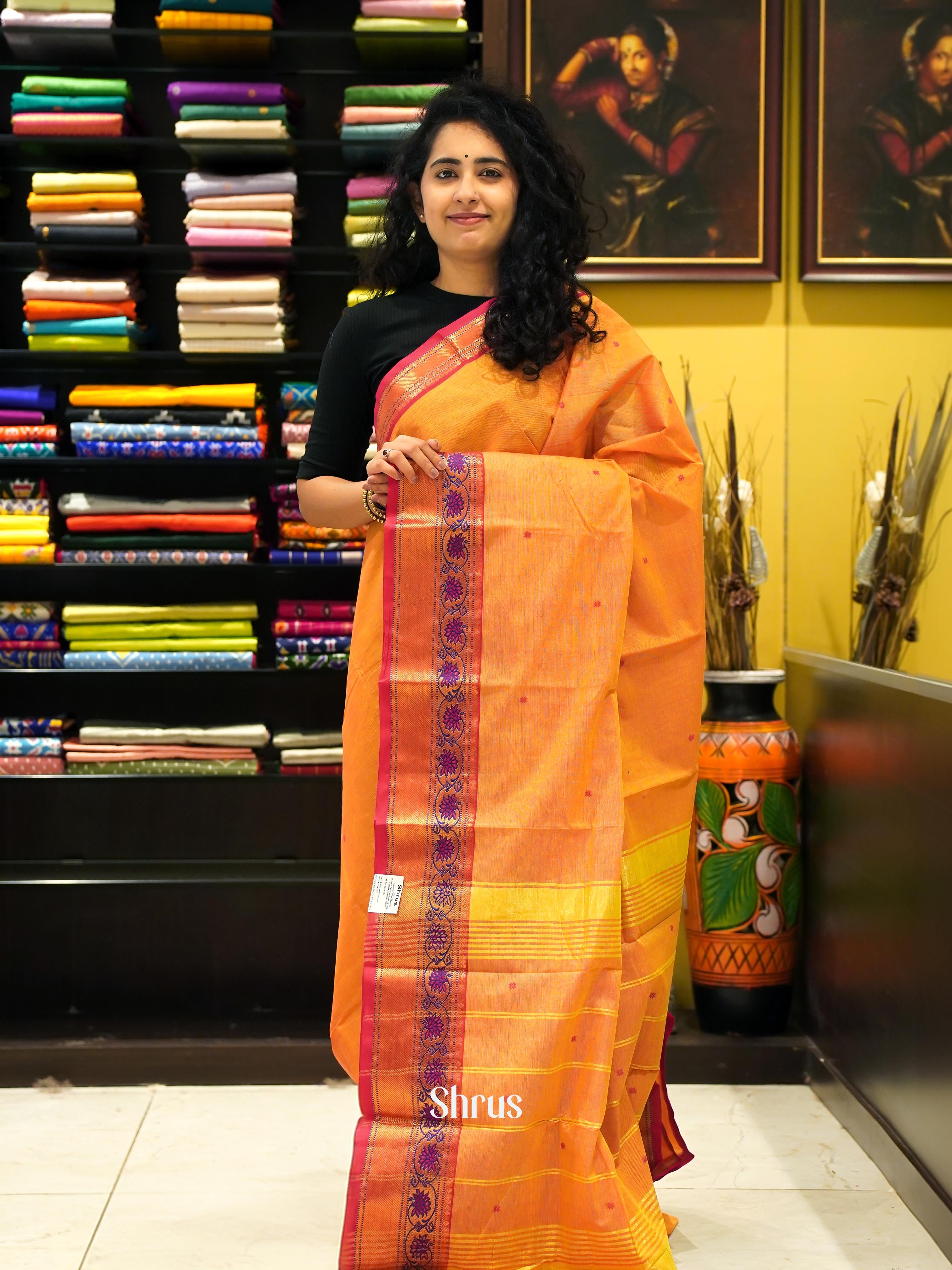 Orange & Red - Chettinad Cotton Saree - Shop on ShrusEternity.com