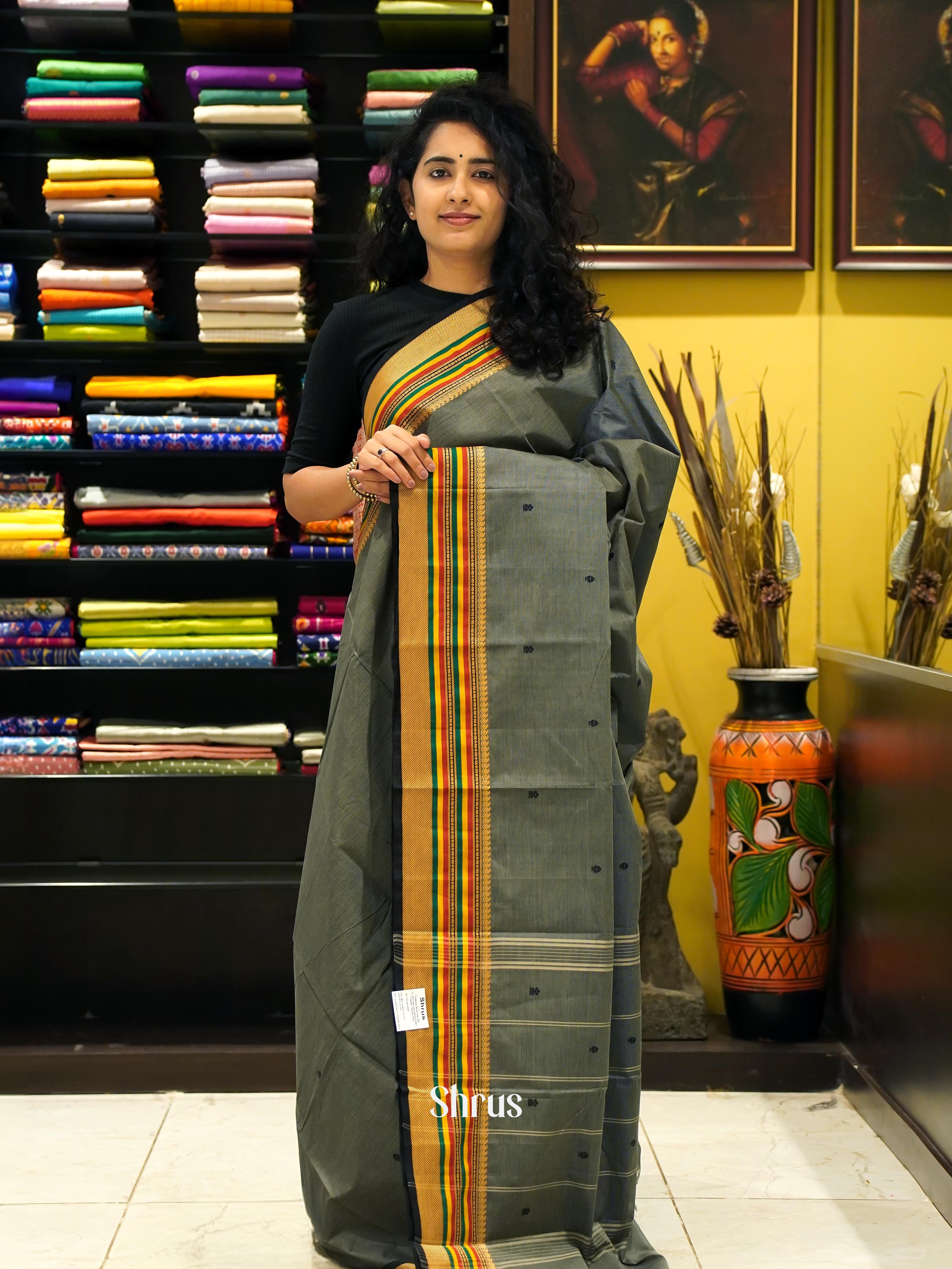 Grey & Black - Chettinad Cotton Saree - Shop on ShrusEternity.com