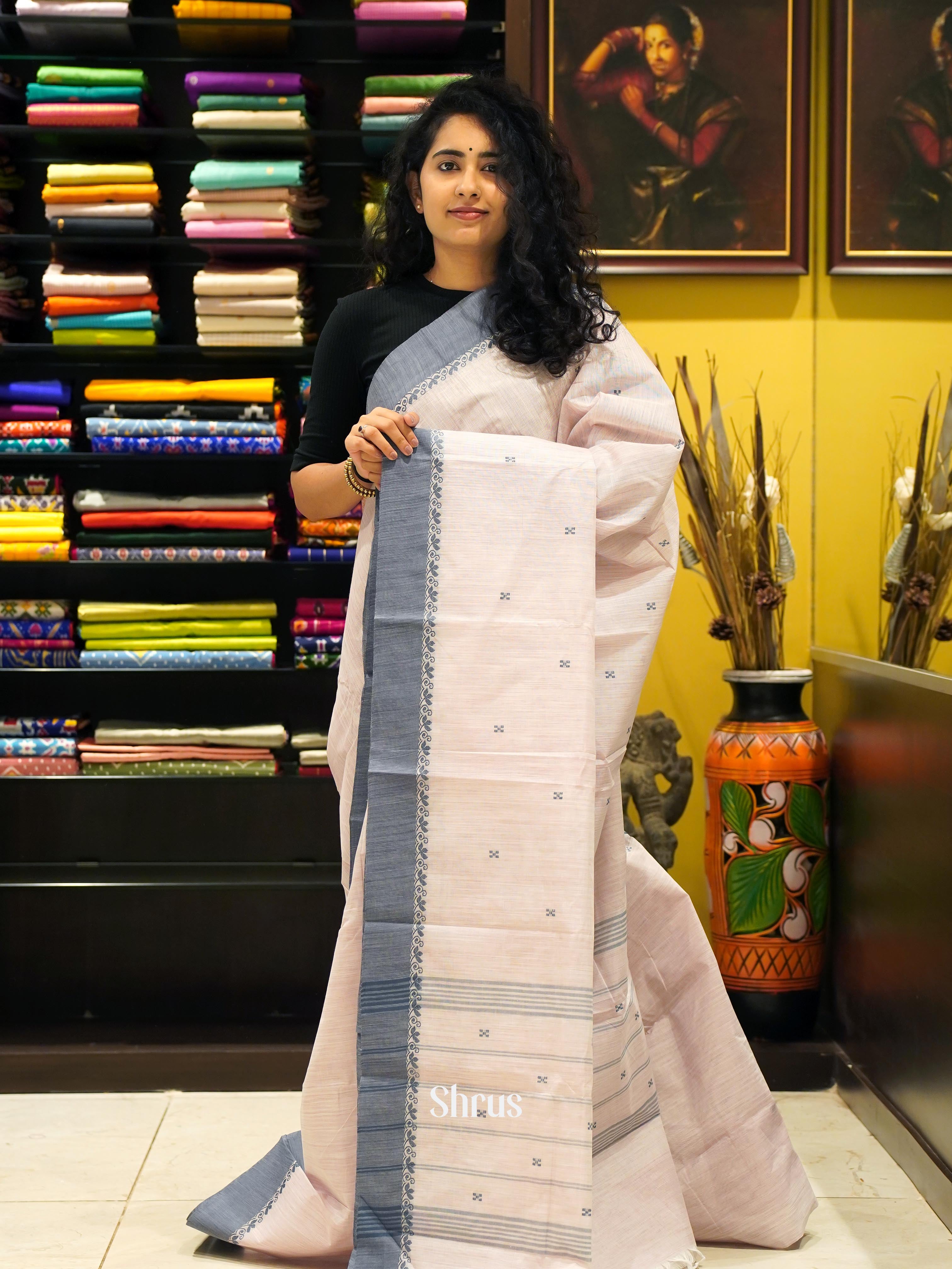 Mild Pink & Grey - Chettinad Cotton Saree - Shop on ShrusEternity.com