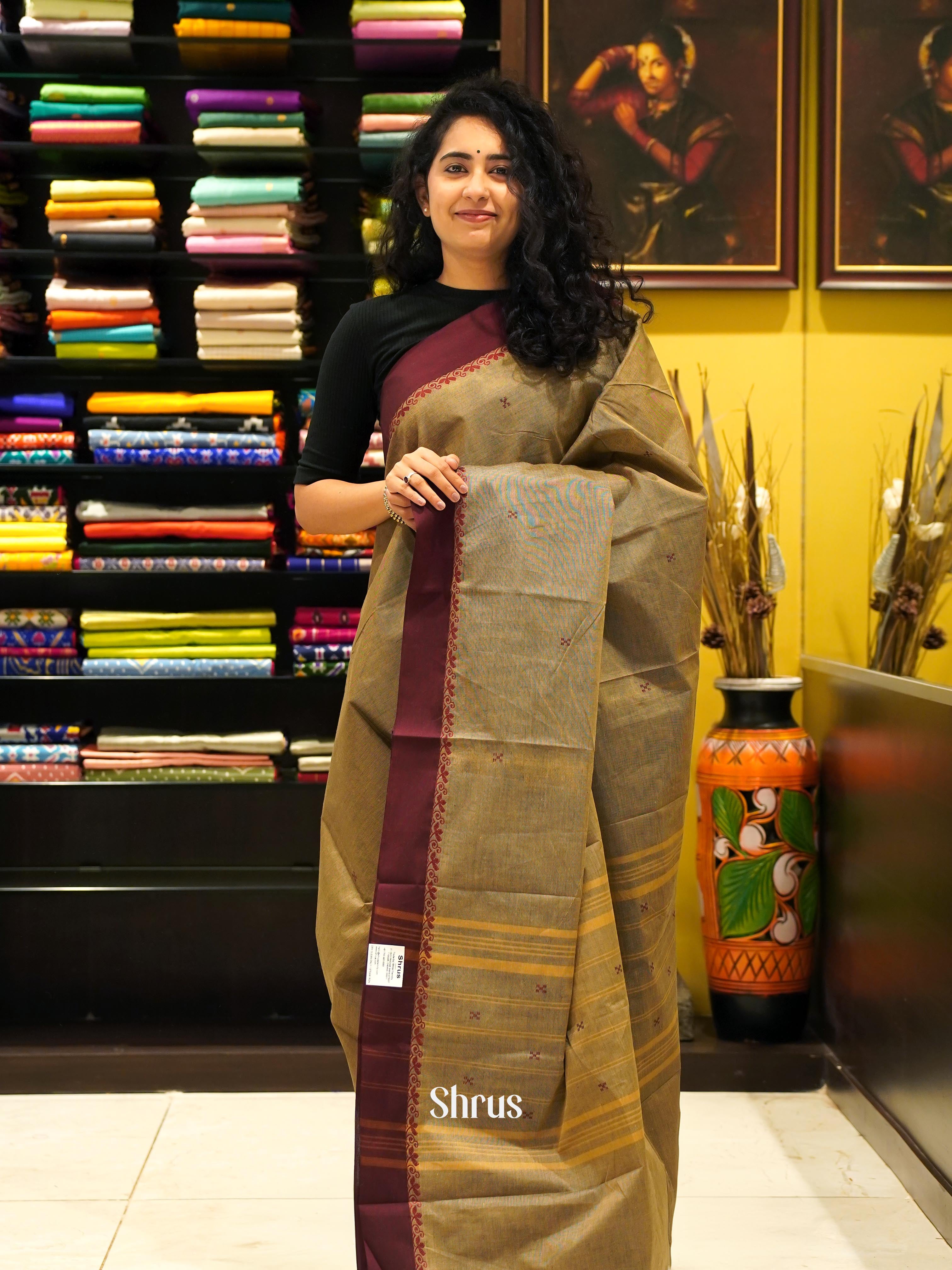 Grey & Brown - Chettinad Cotton Saree - Shop on ShrusEternity.com