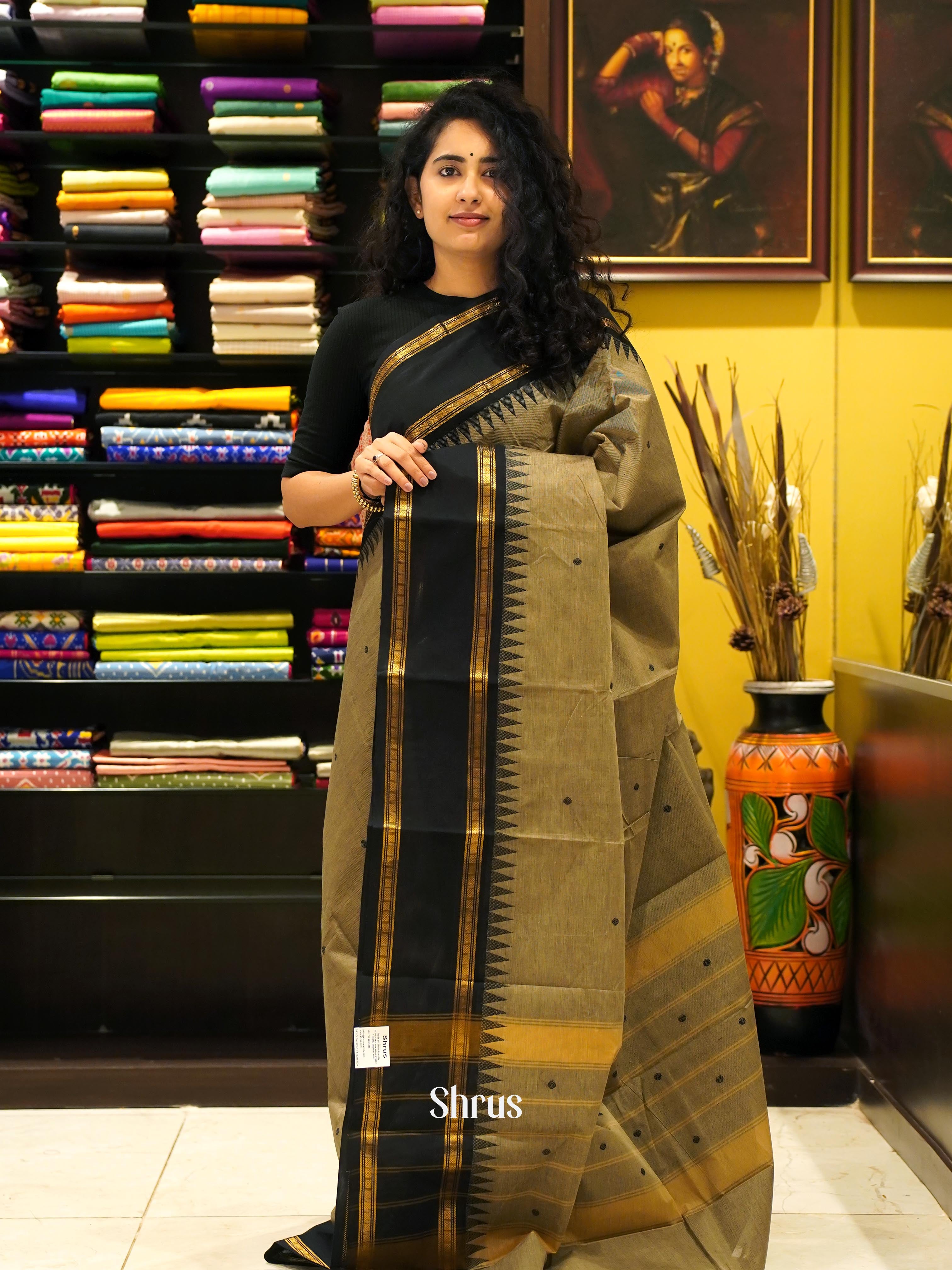 Grey & Black - Chettinad Cotton Saree - Shop on ShrusEternity.com