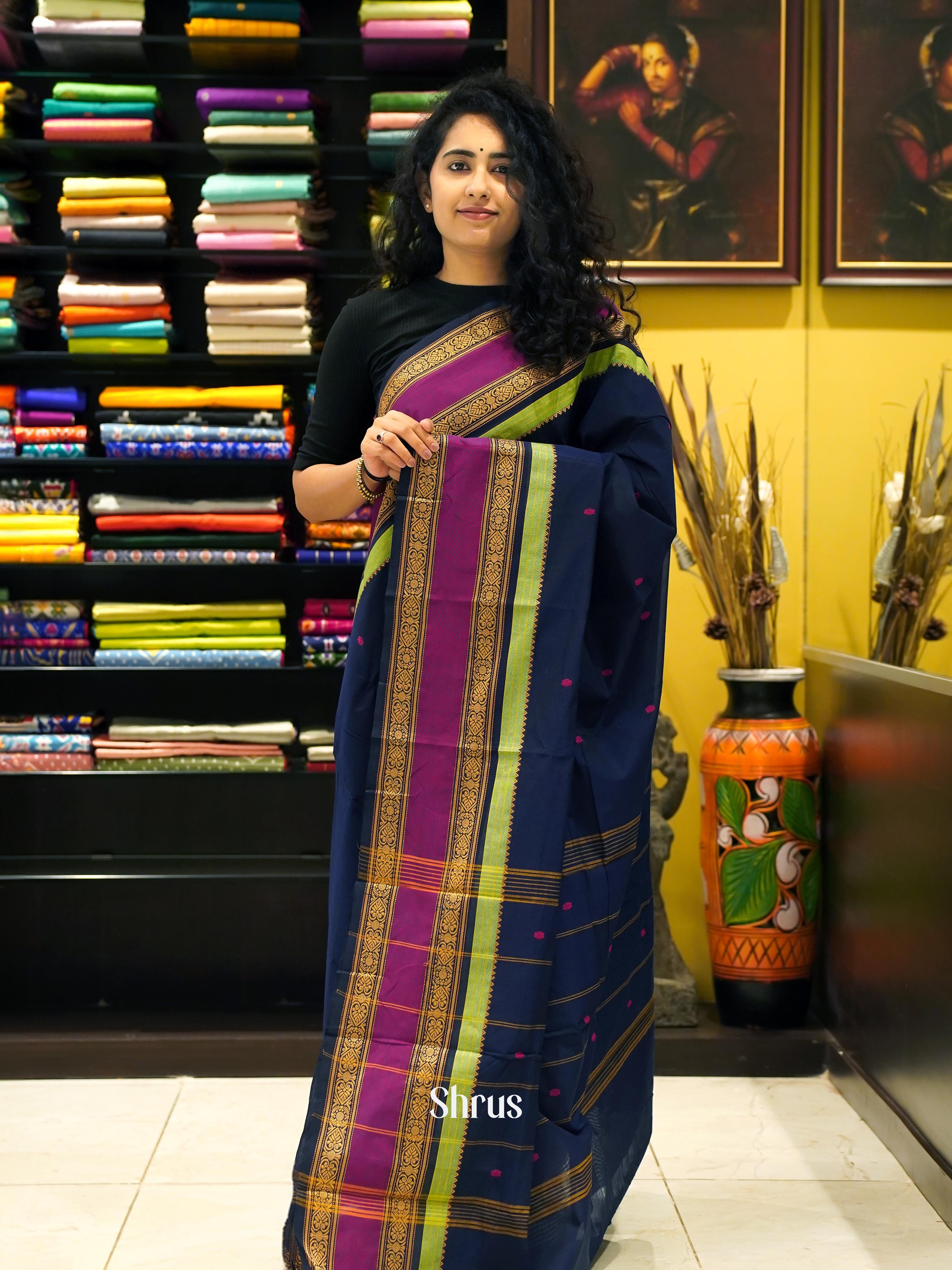 Blue & Pink - Chettinad Cotton Saree - Shop on ShrusEternity.com