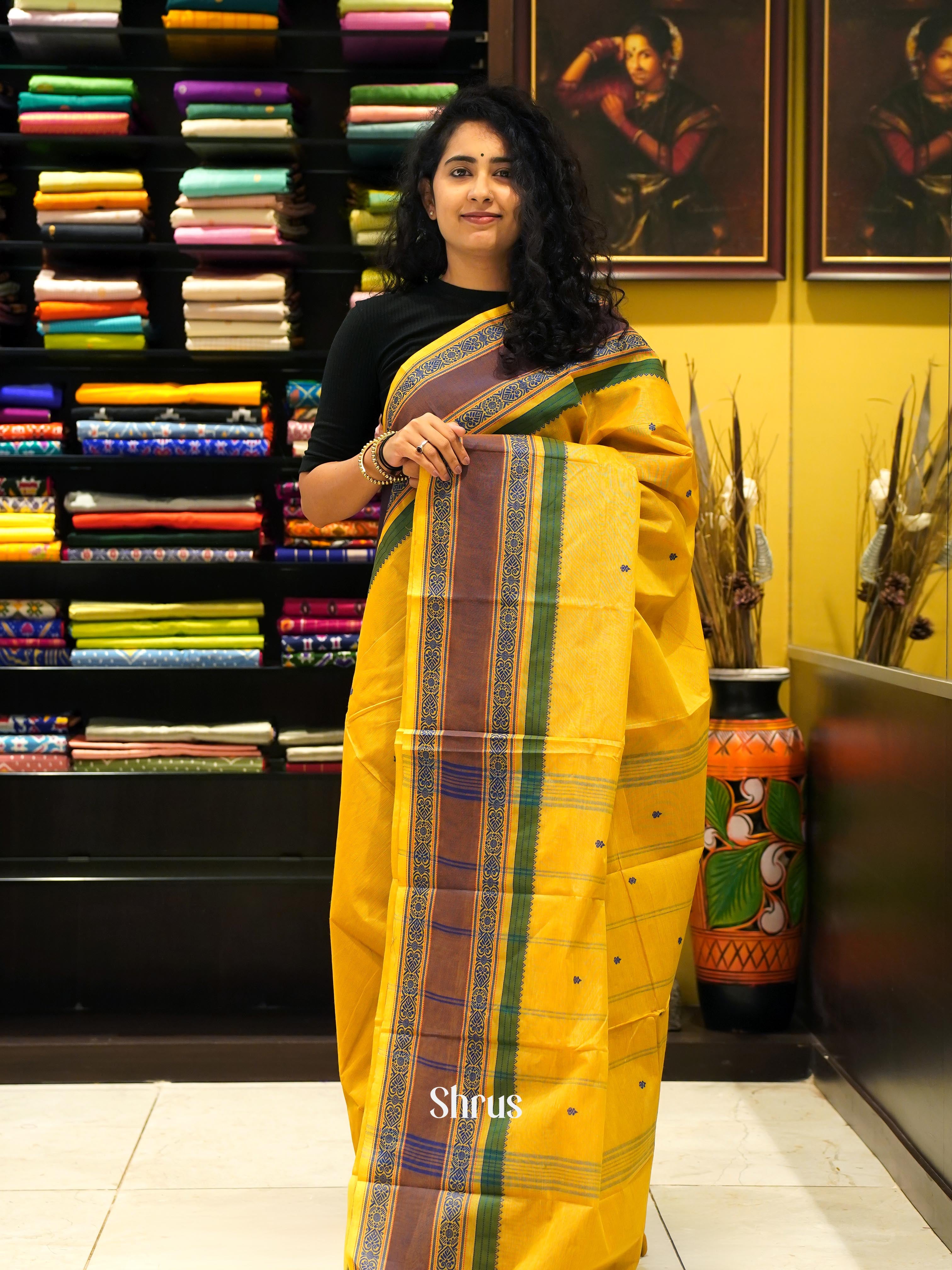 Yellow & Green - Chettinad Cotton Saree - Shop on ShrusEternity.com