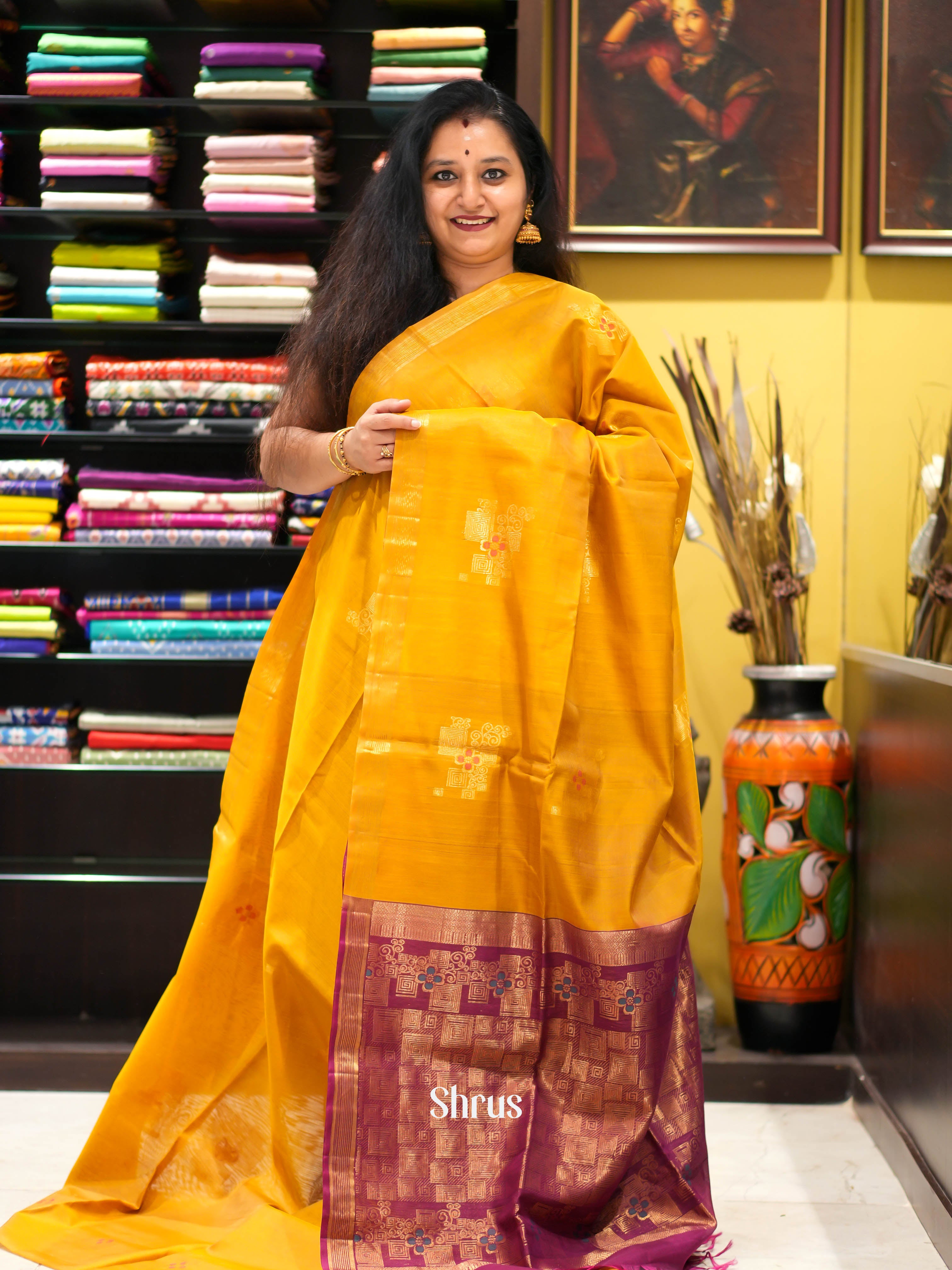 Mustard & Maroon - Silk Cotton Saree - Shop on ShrusEternity.com