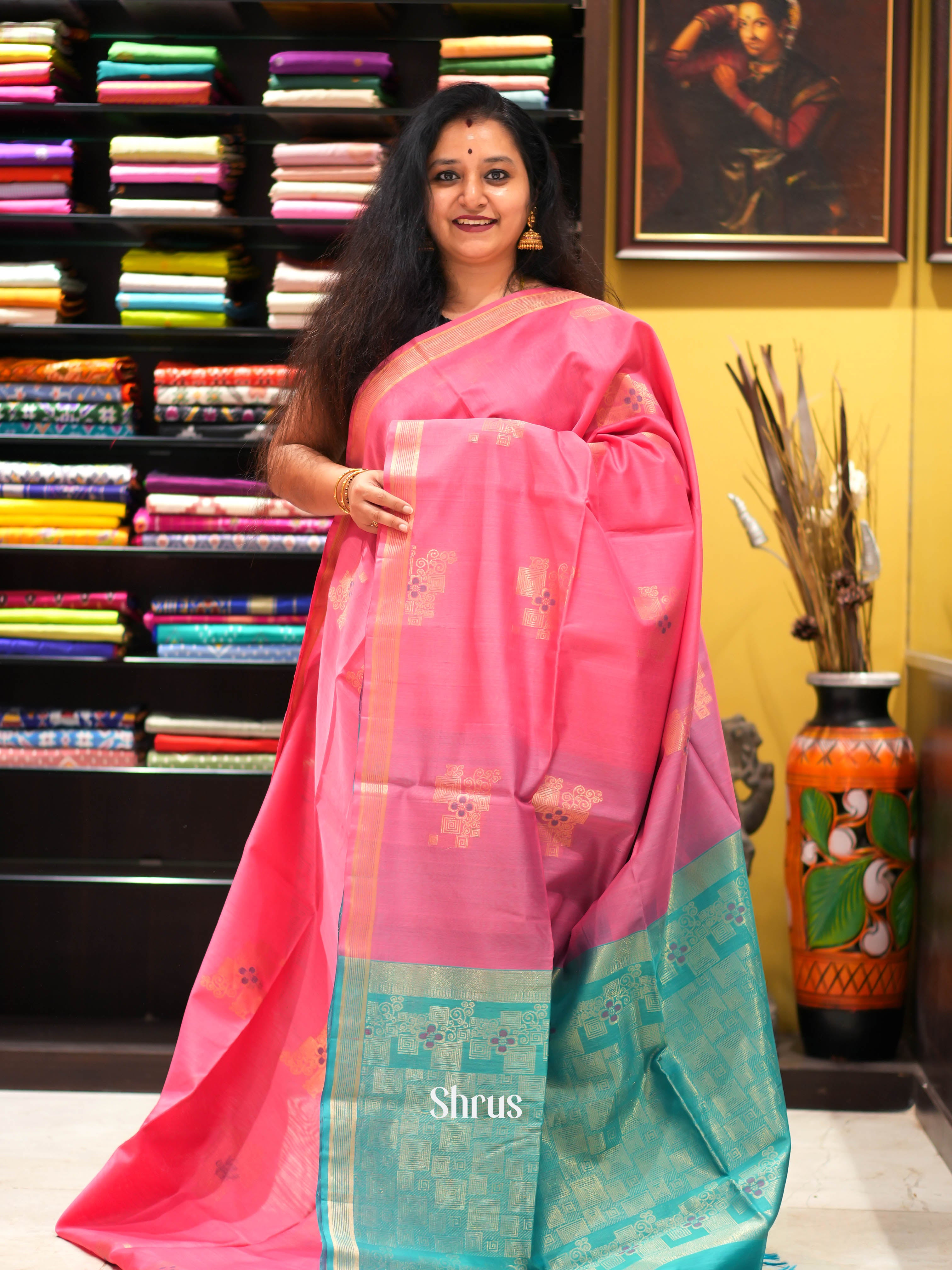 Pink & Teal - Silk Cotton Saree - Shop on ShrusEternity.com