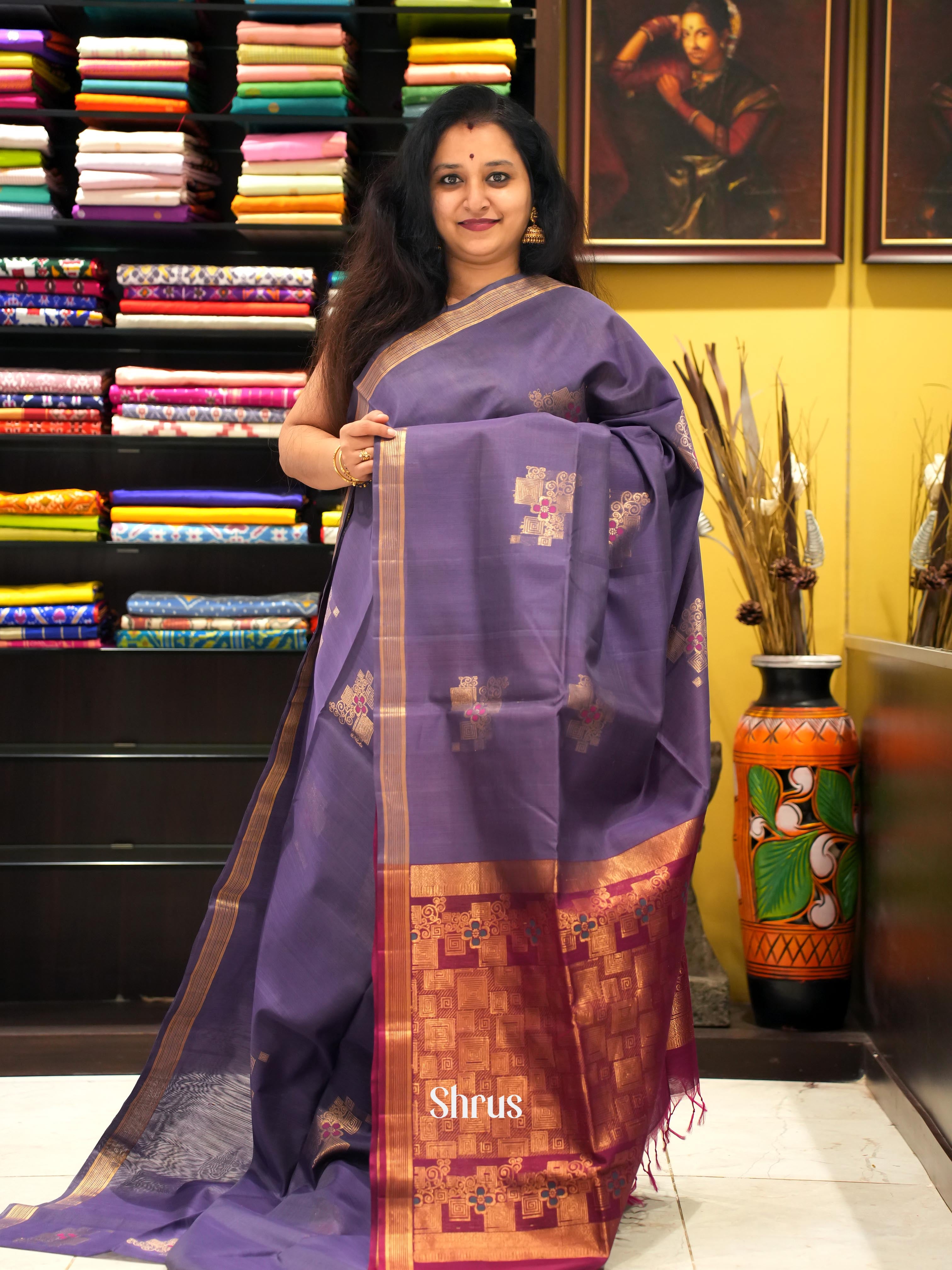 Elephant Grey & Maroon - Silk cotton Saree - Shop on ShrusEternity.com