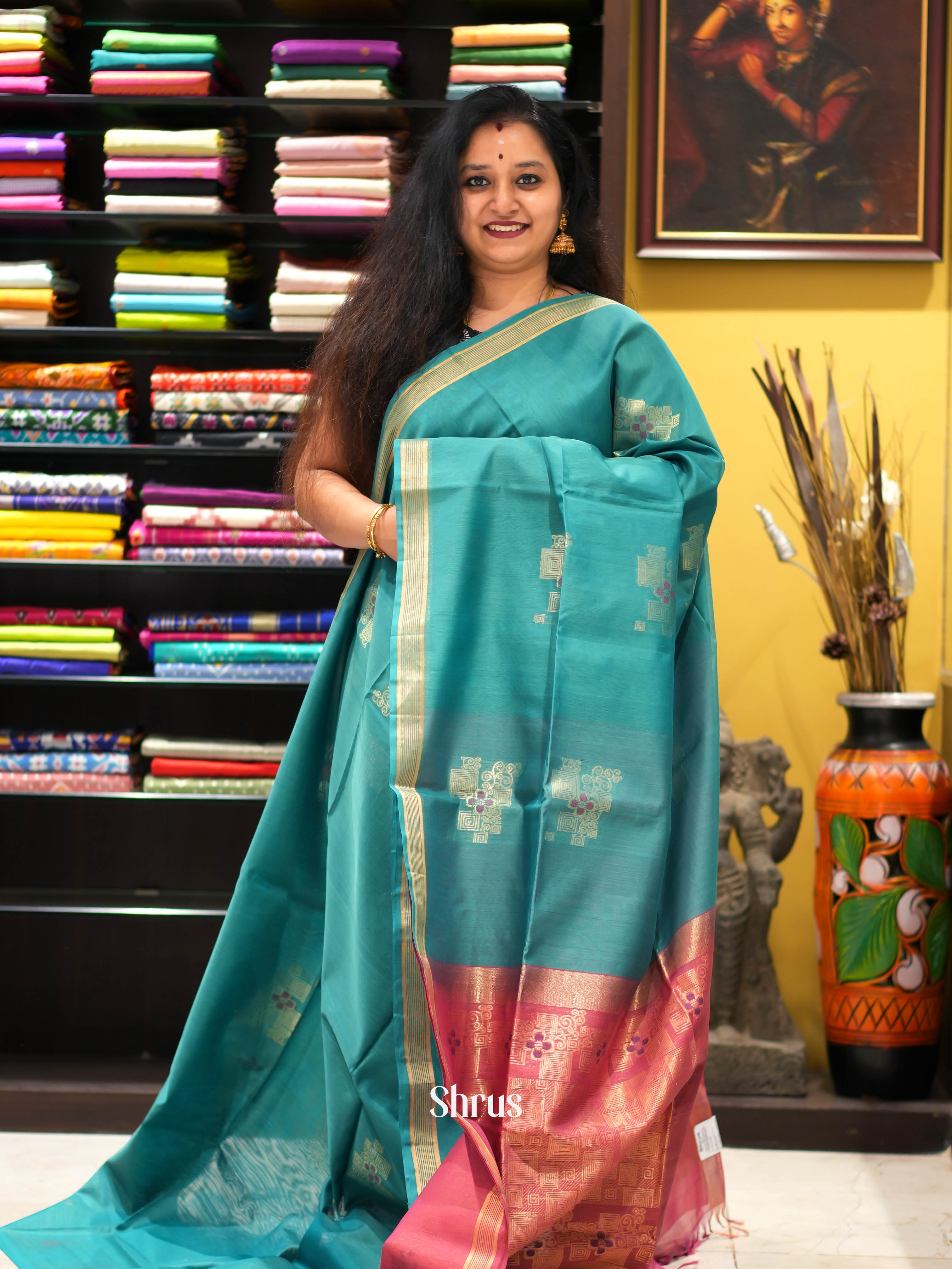 Teal & Red - Silk Cotton Saree - Shop on ShrusEternity.com
