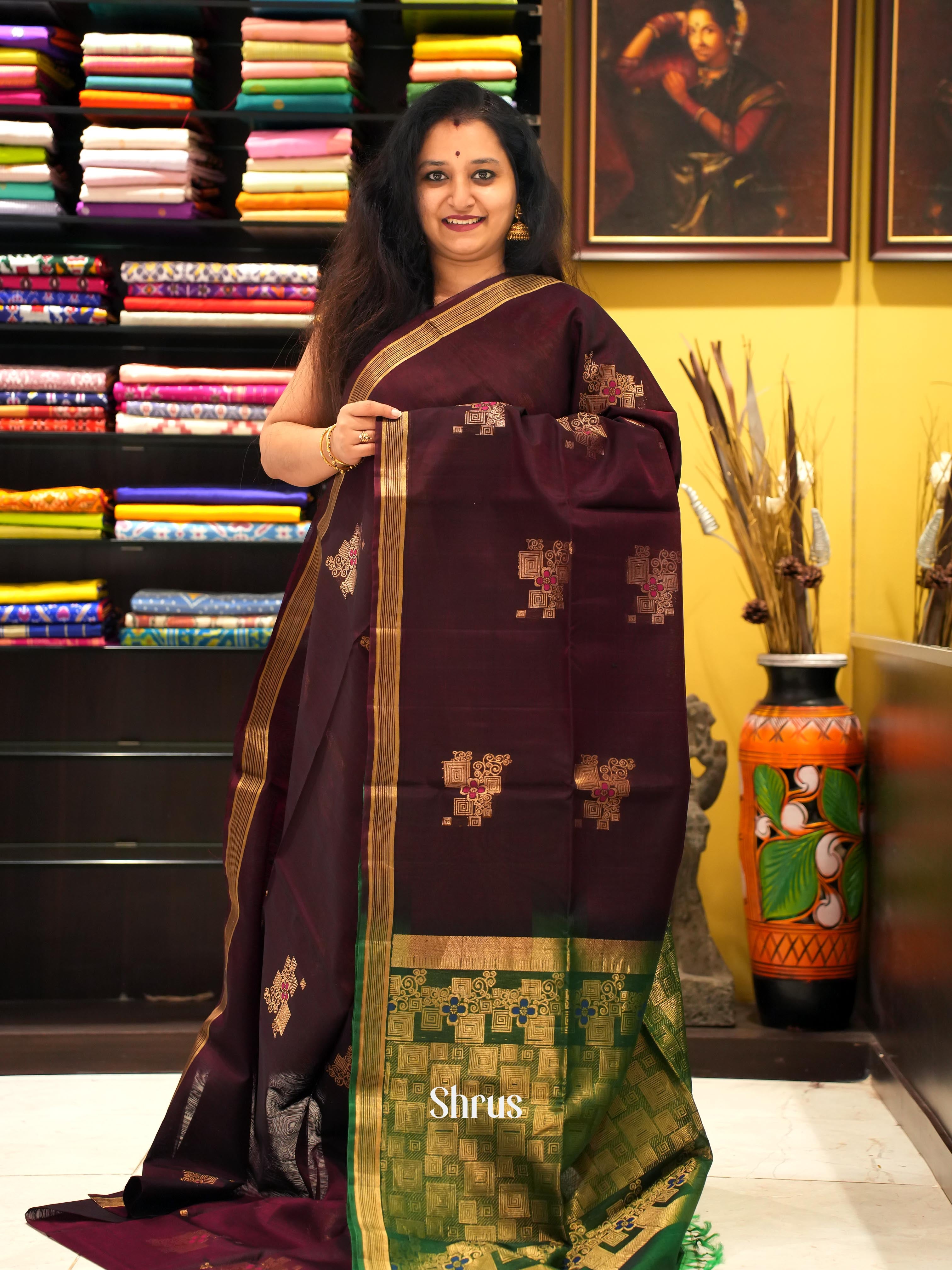 Brown & Green - Silk Cotton Saree - Shop on ShrusEternity.com