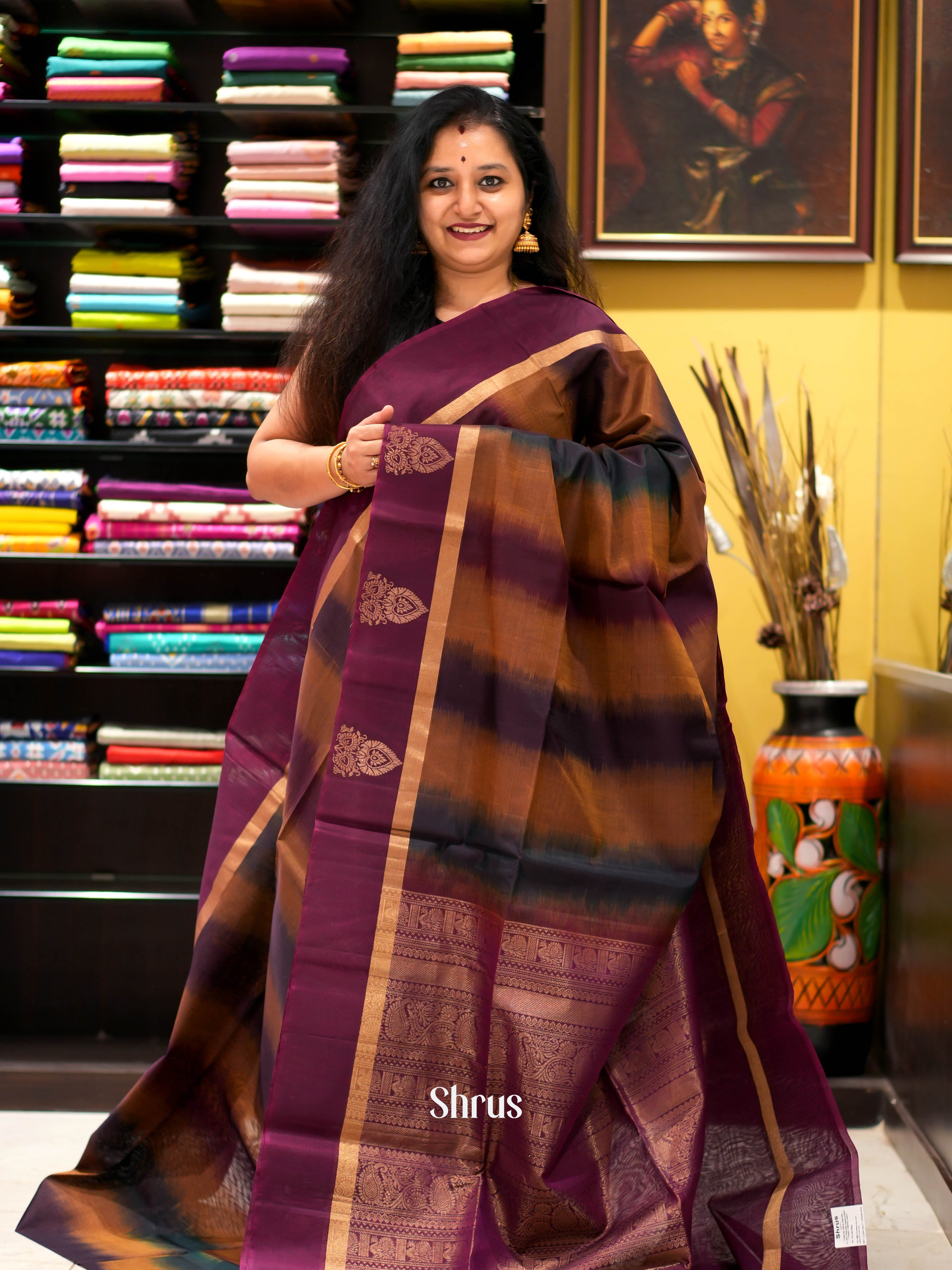Brown & Wine - Silk Cotton Saree - Shop on ShrusEternity.com