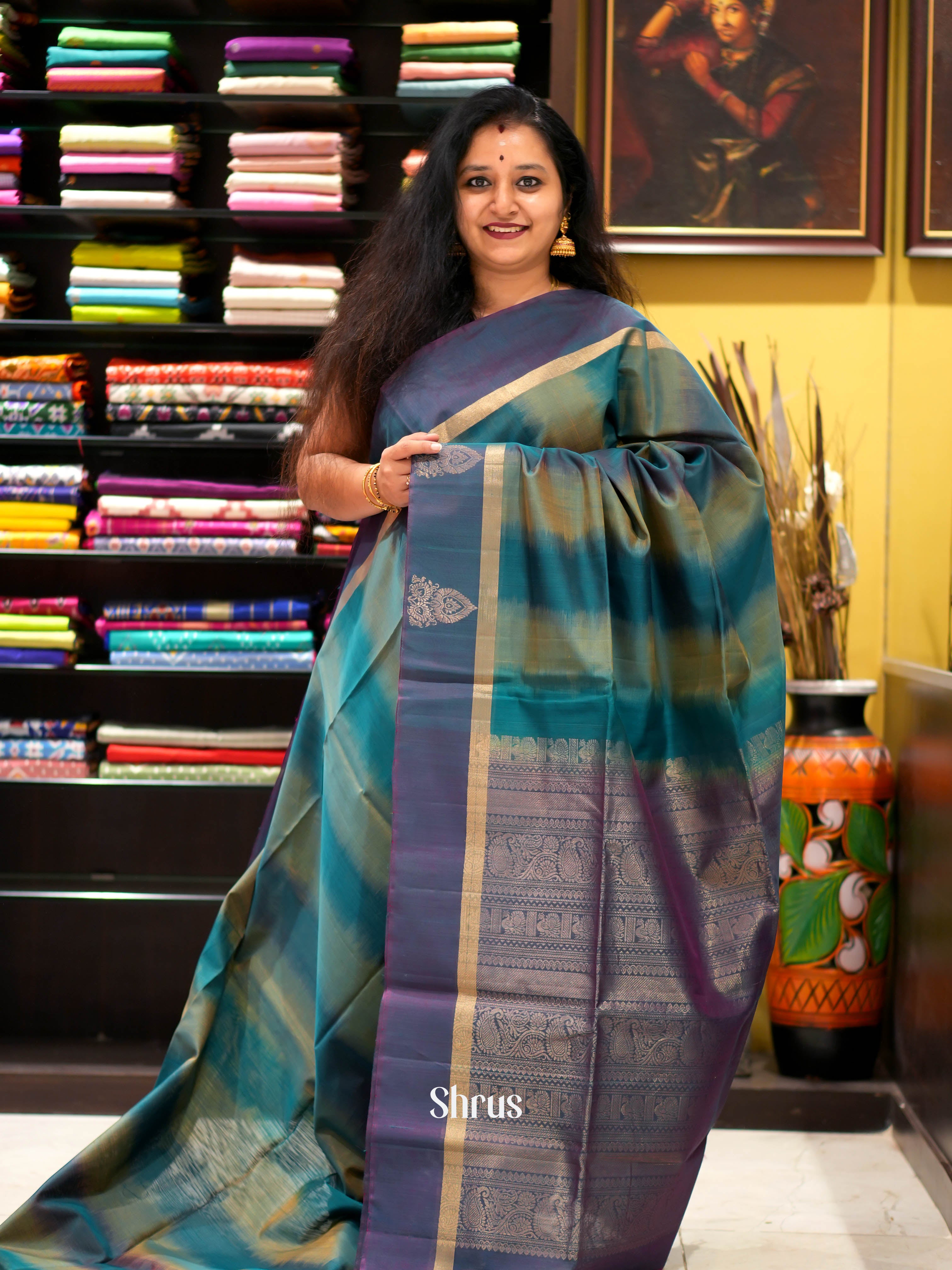 Blue & Purple - Silk Cotton Saree - Shop on ShrusEternity.com