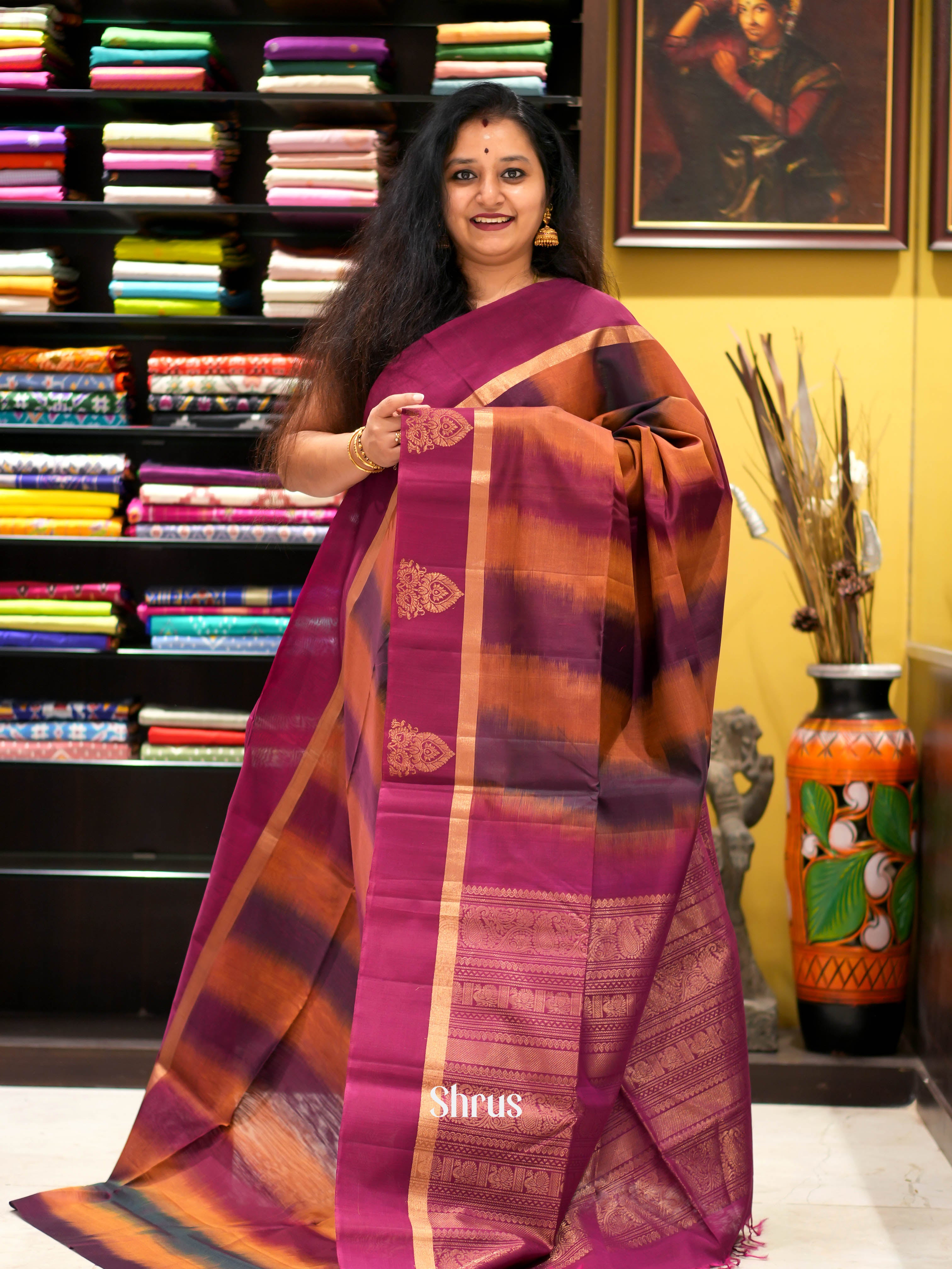 Brick & Maroon - Silk Cotton Saree - Shop on ShrusEternity.com
