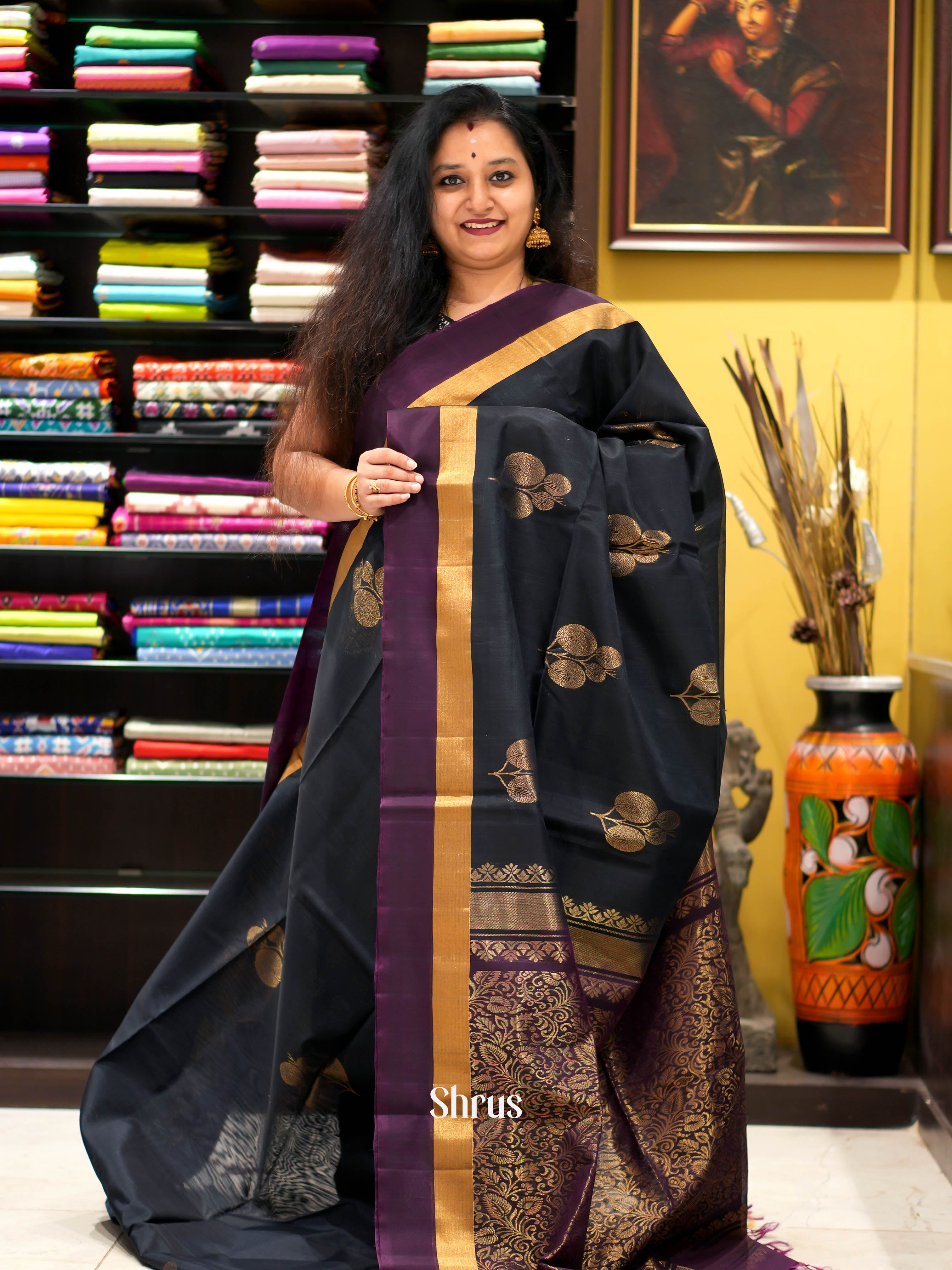 Black & Purple - Silk Cotton Saree - Shop on ShrusEternity.com