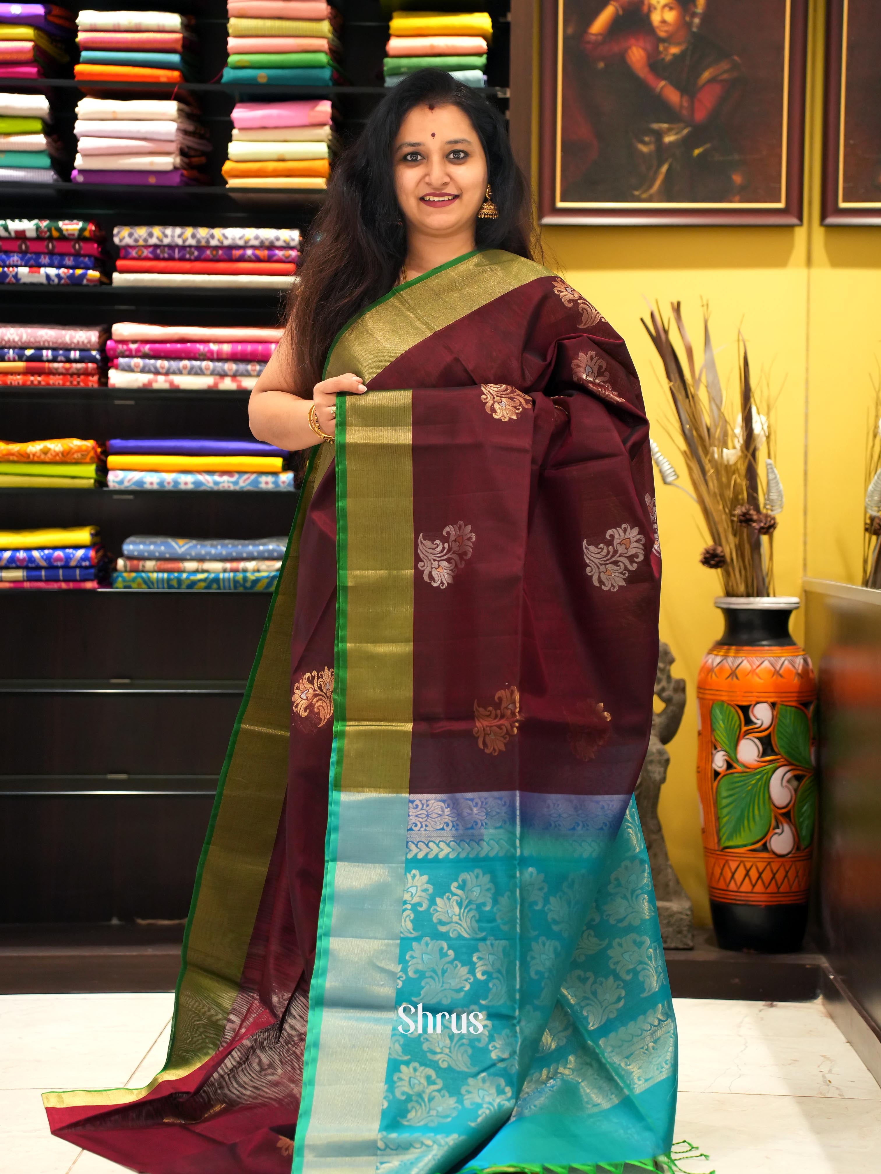 Brown & Teal - Silk cotton Saree - Shop on ShrusEternity.com