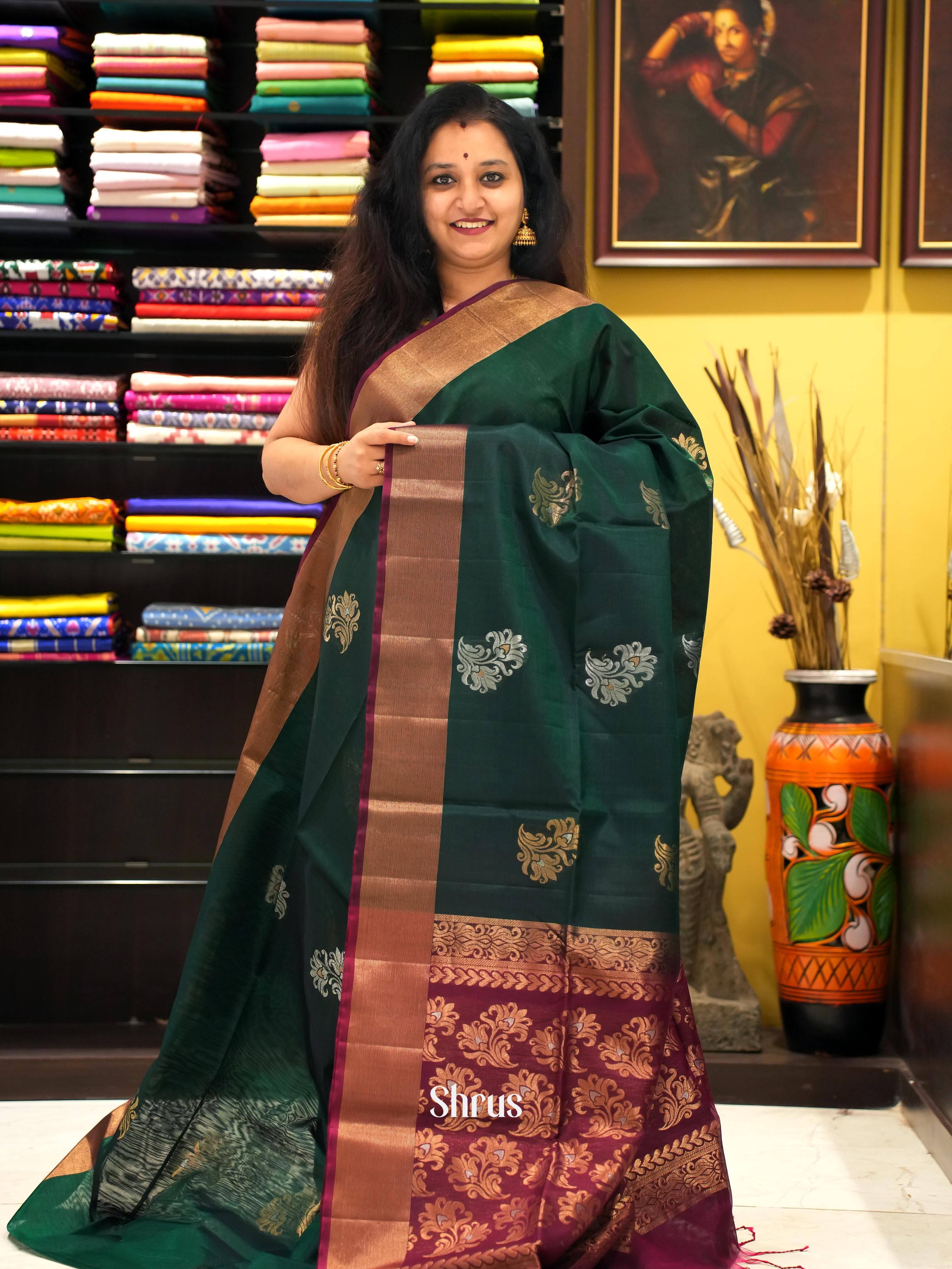 Green & Maroon - Silk cotton Saree - Shop on ShrusEternity.com