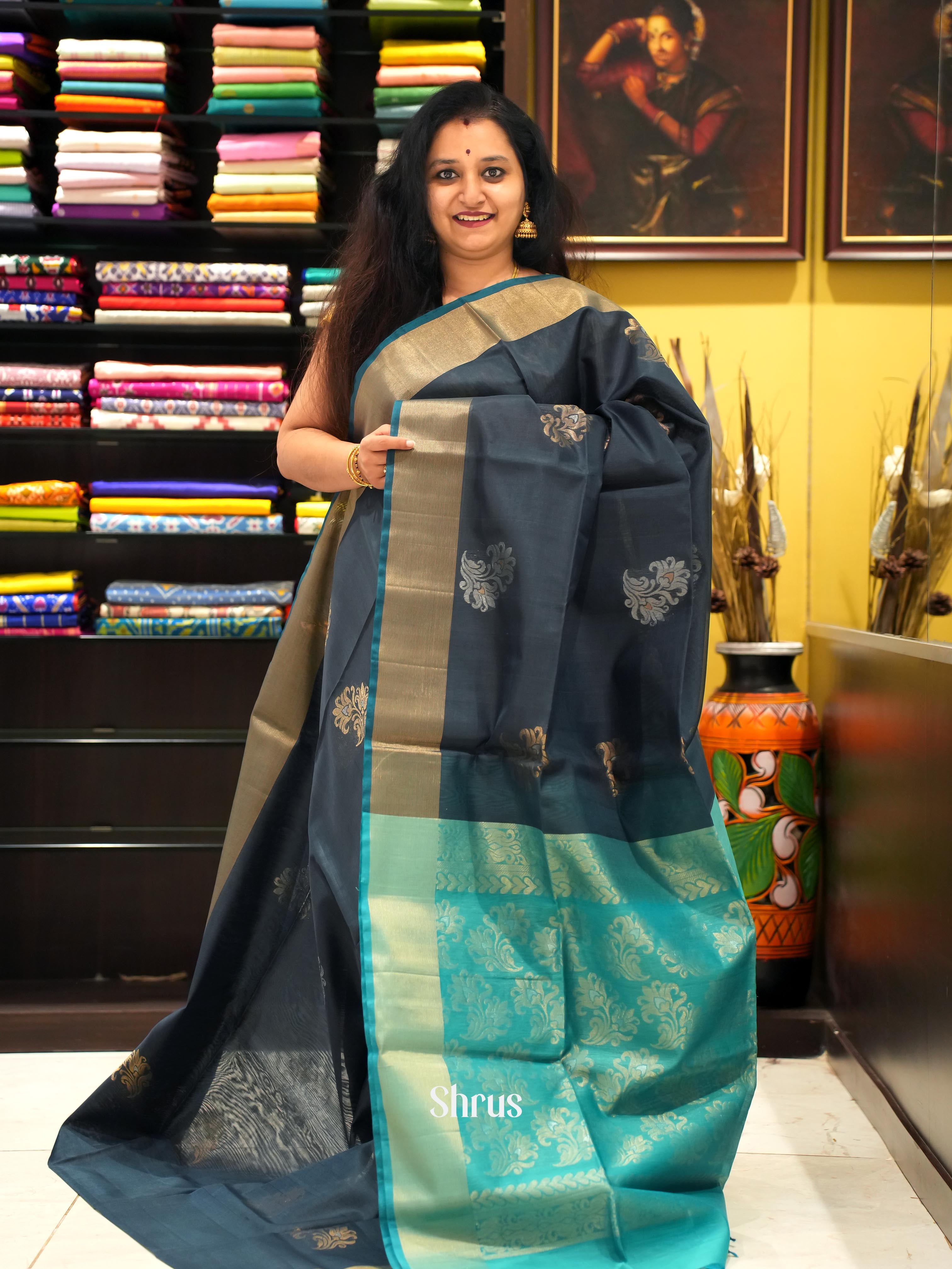 Black & Teal - Silk cotton Saree - Shop on ShrusEternity.com