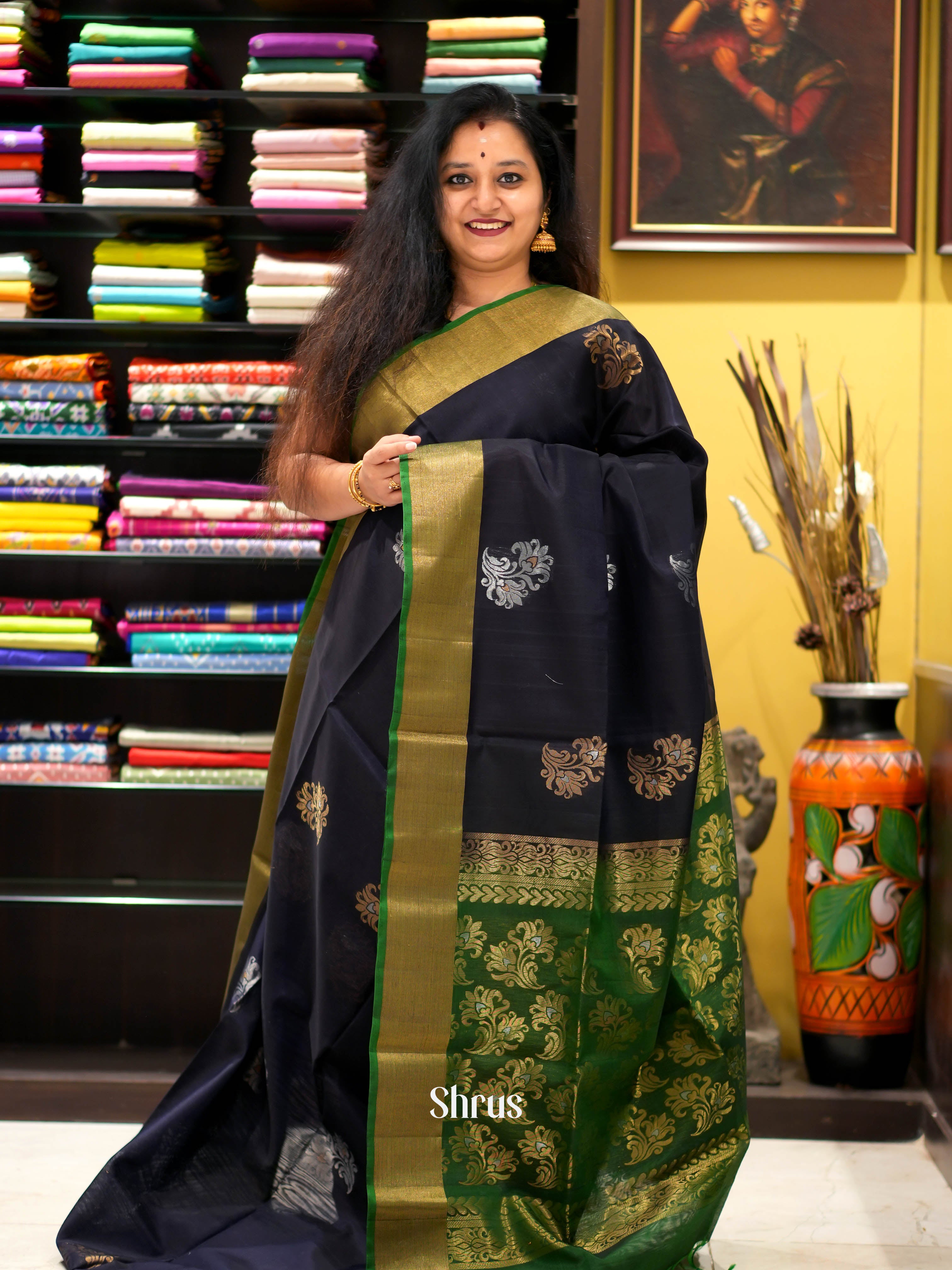 Black & Green - Silk Cotton Saree - Shop on ShrusEternity.com