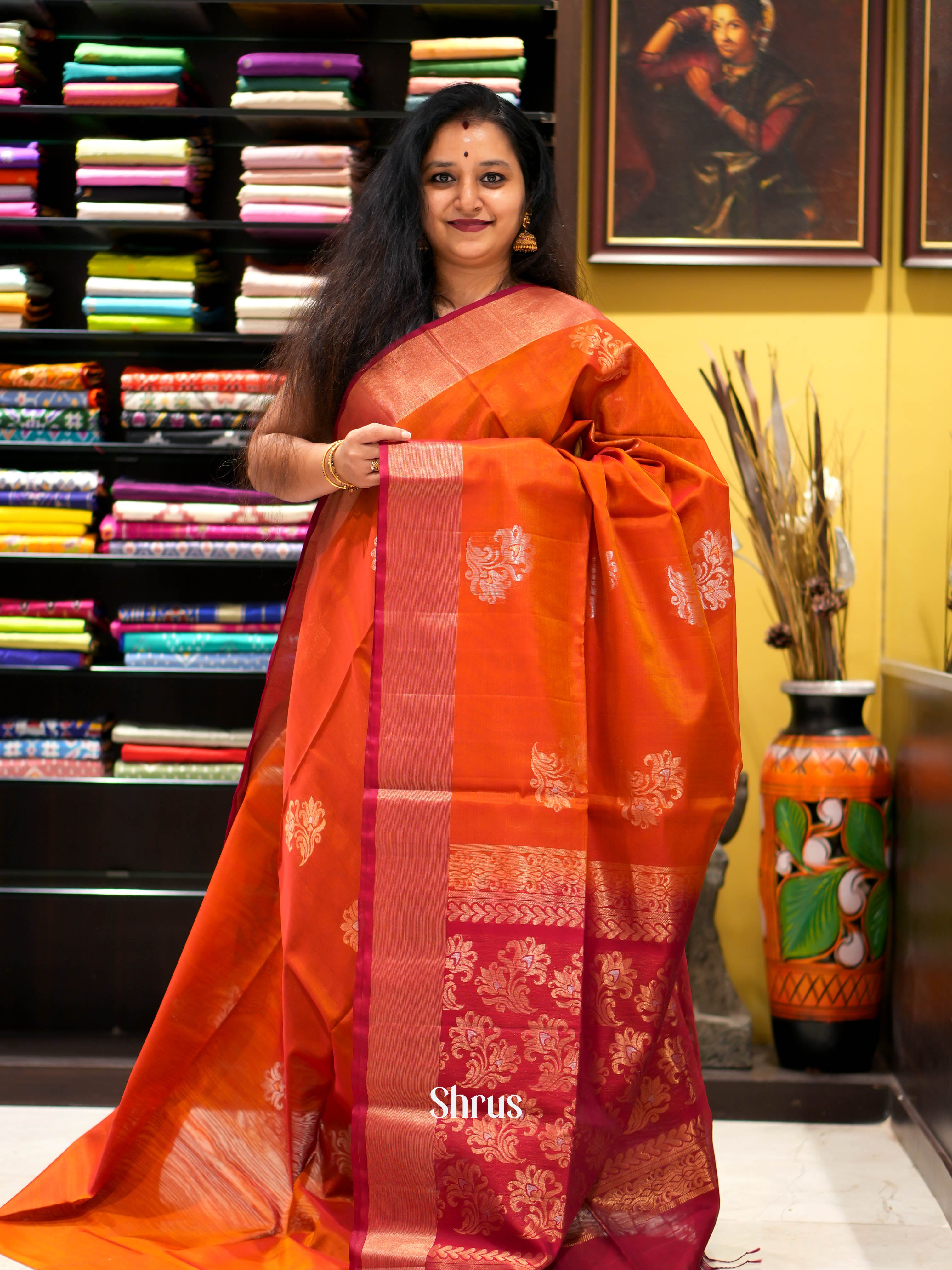Brick & Maroon - Silk Cotton Saree - Shop on ShrusEternity.com