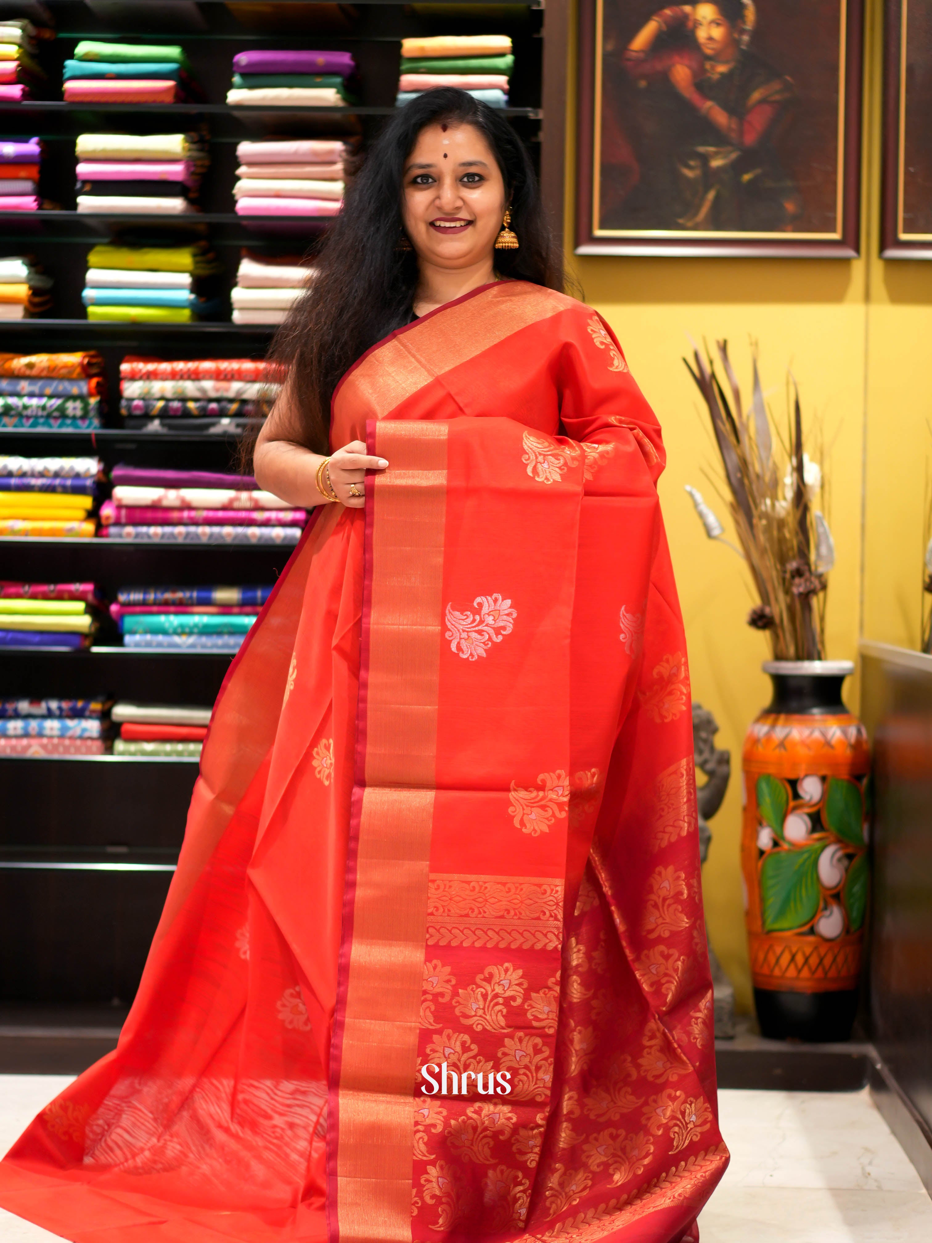 Red - Silk Cotton Saree - Shop on ShrusEternity.com
