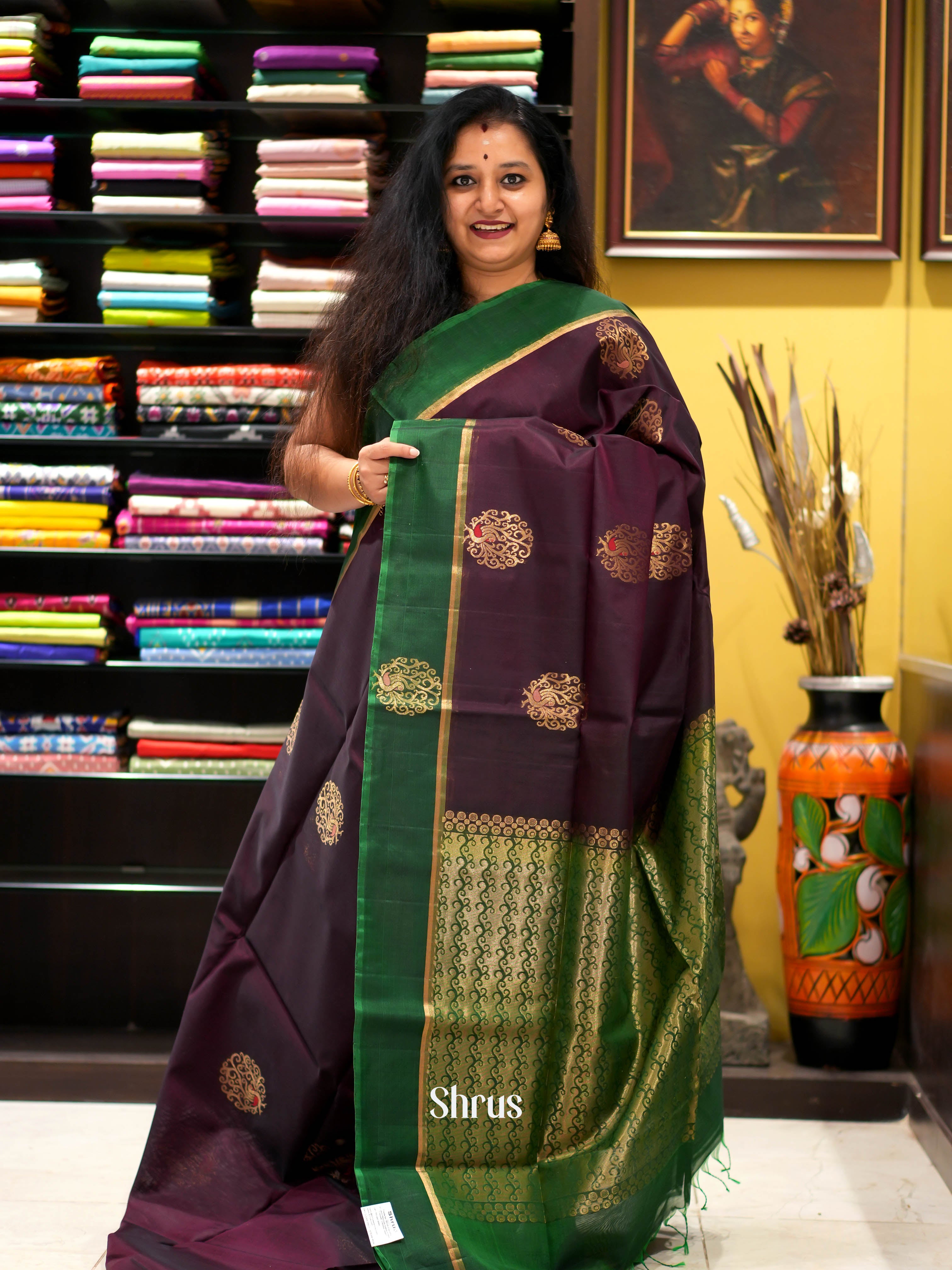 Wine & Green - Silk Cotton Saree - Shop on ShrusEternity.com