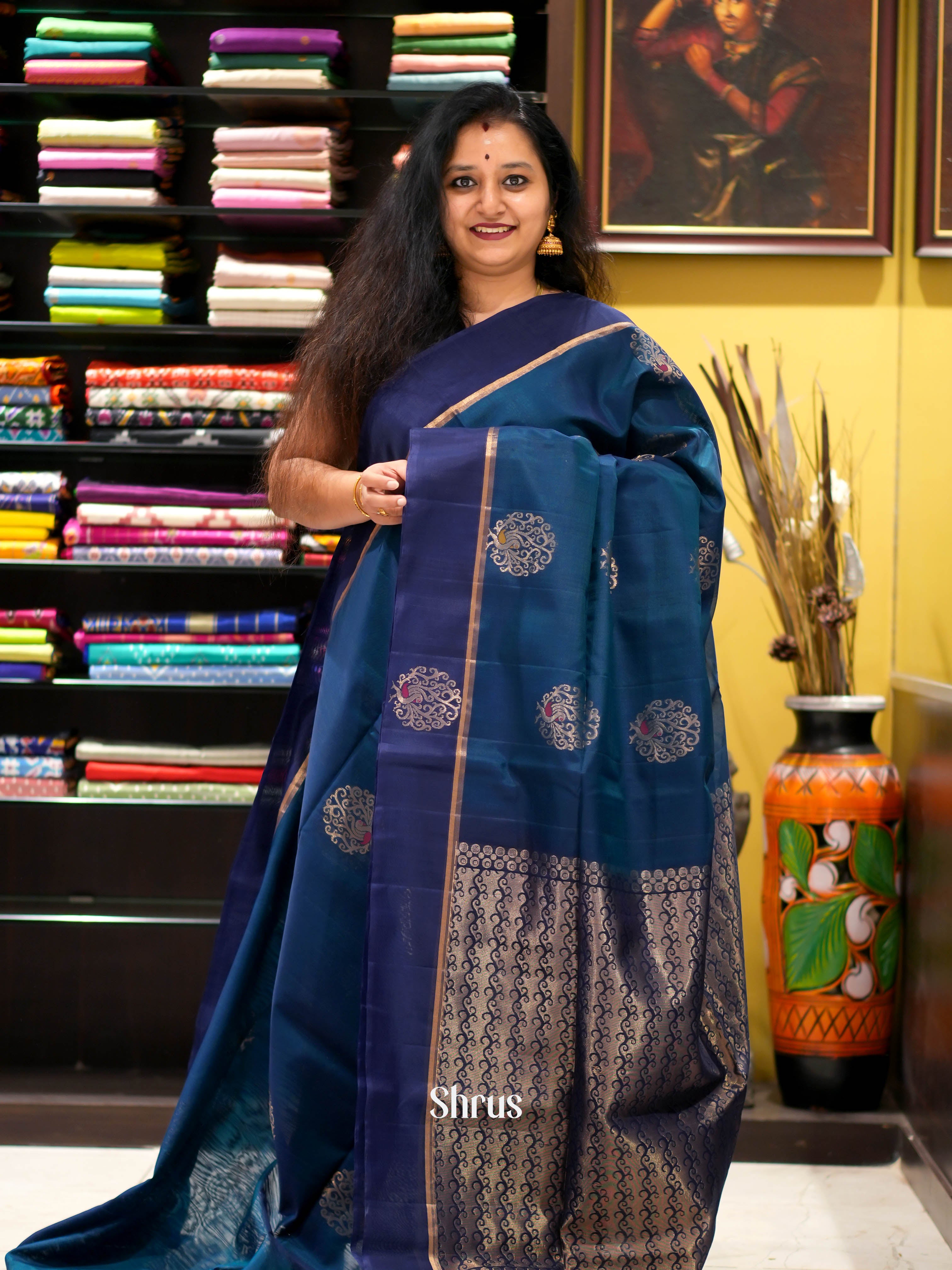Peacock Blue & Blue- Silk Cotton Saree - Shop on ShrusEternity.com