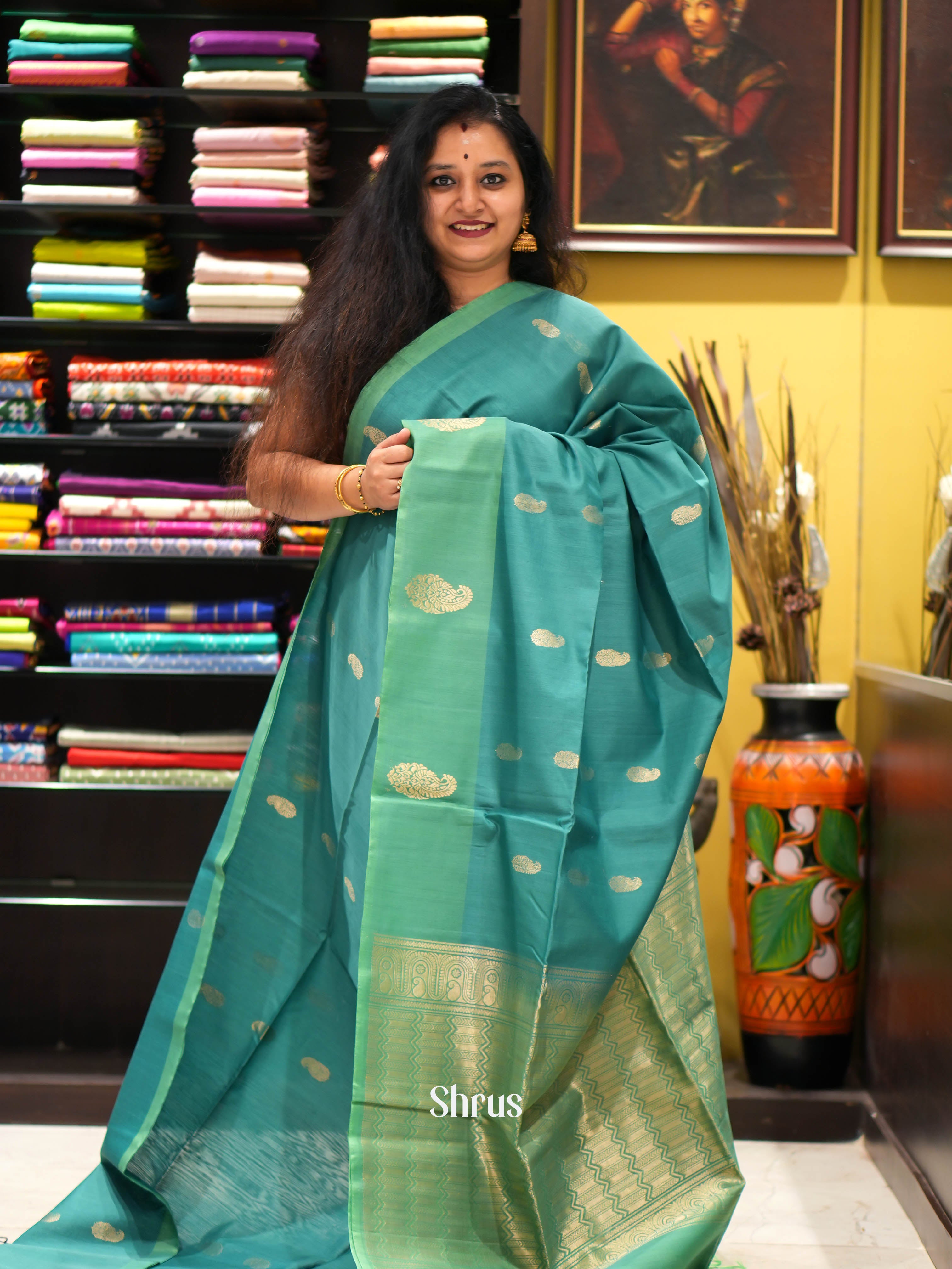 Teal & Green - Silk Cotton Saree - Shop on ShrusEternity.com