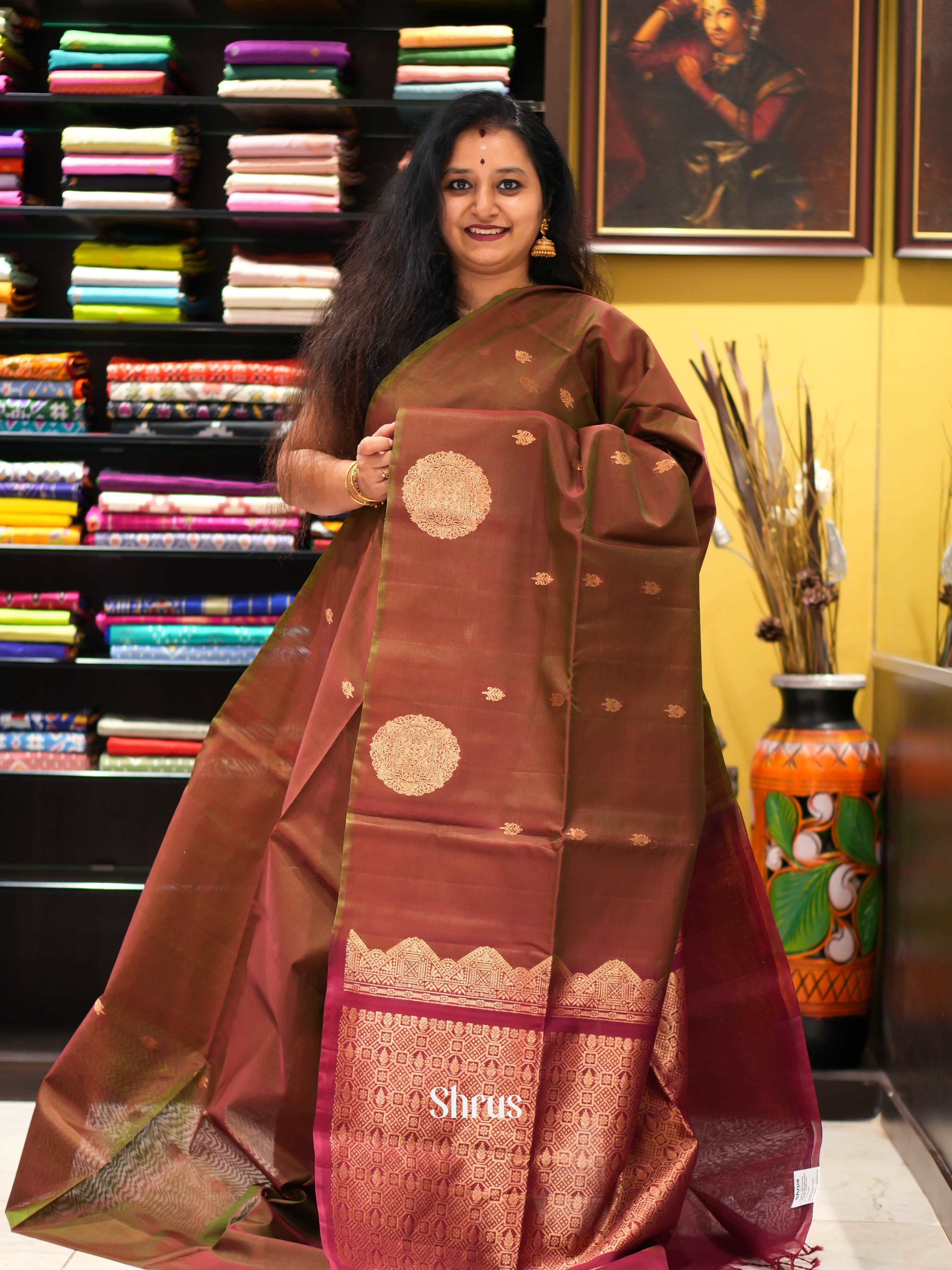 Double Shaded Brownish Green & Maroon - Silk Cotton Saree - Shop on ShrusEternity.com