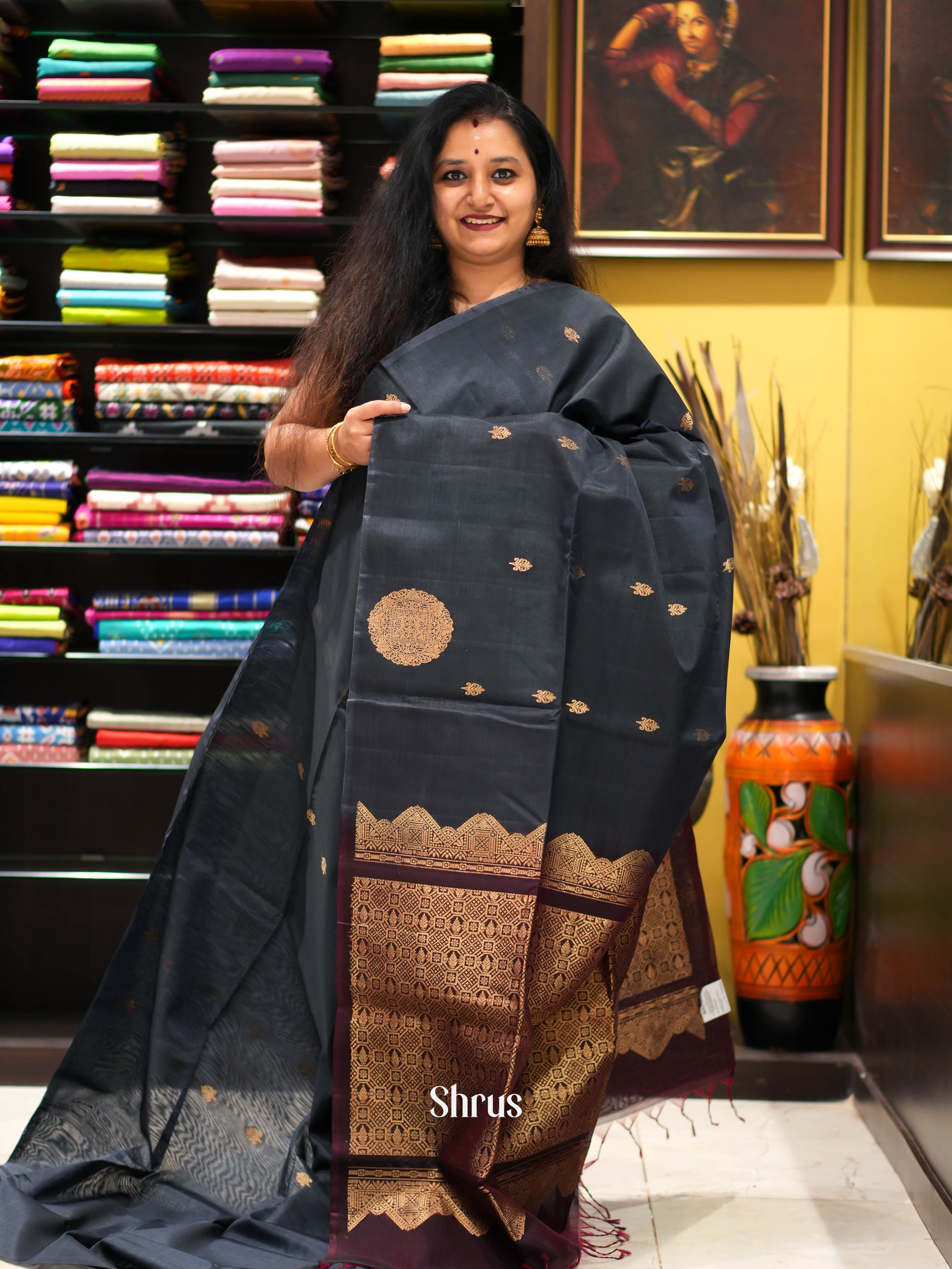 Black & Maroon - Silk Cotton Saree - Shop on ShrusEternity.com