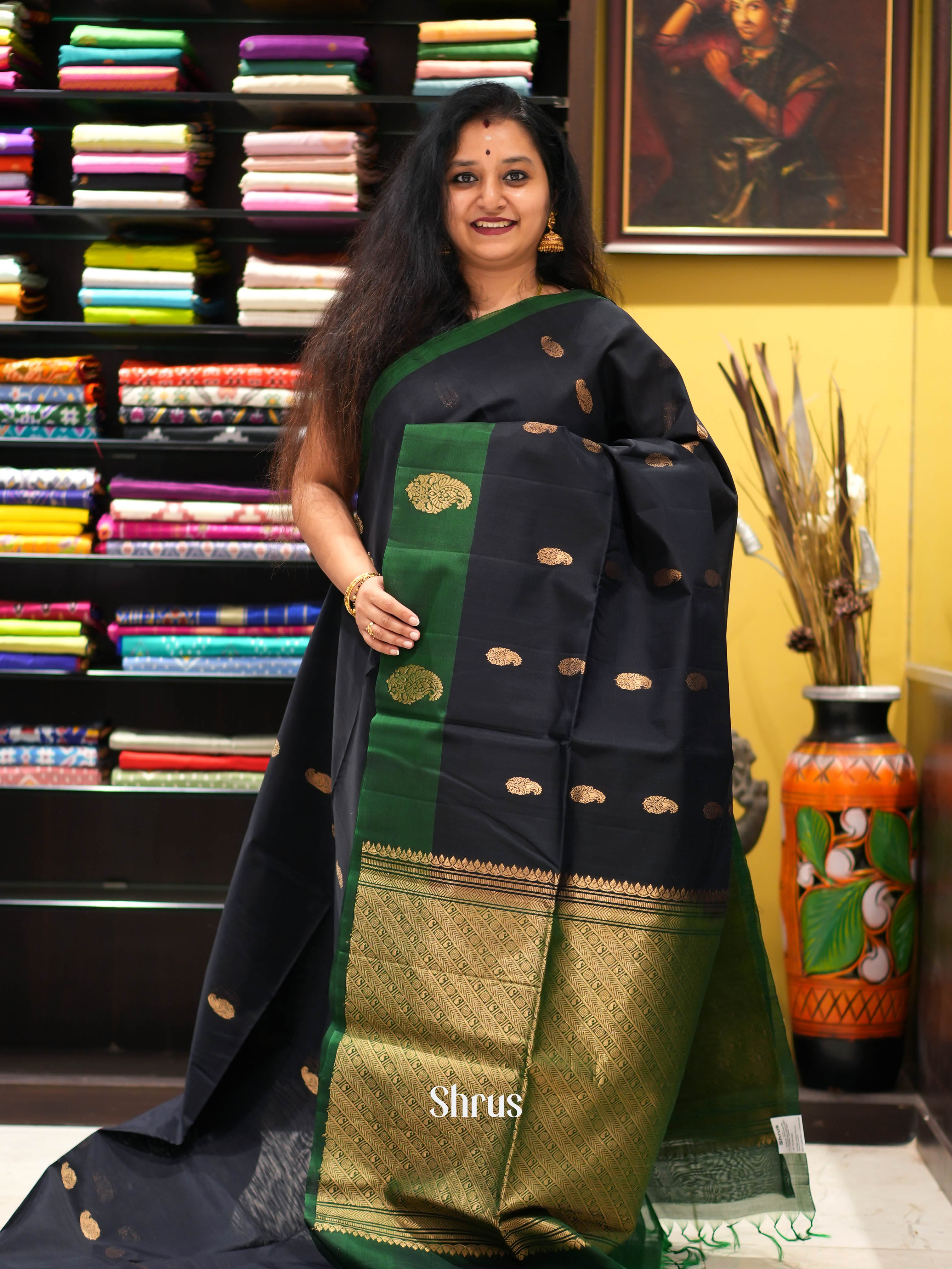 Black & Green - Silk Cotton Saree - Shop on ShrusEternity.com