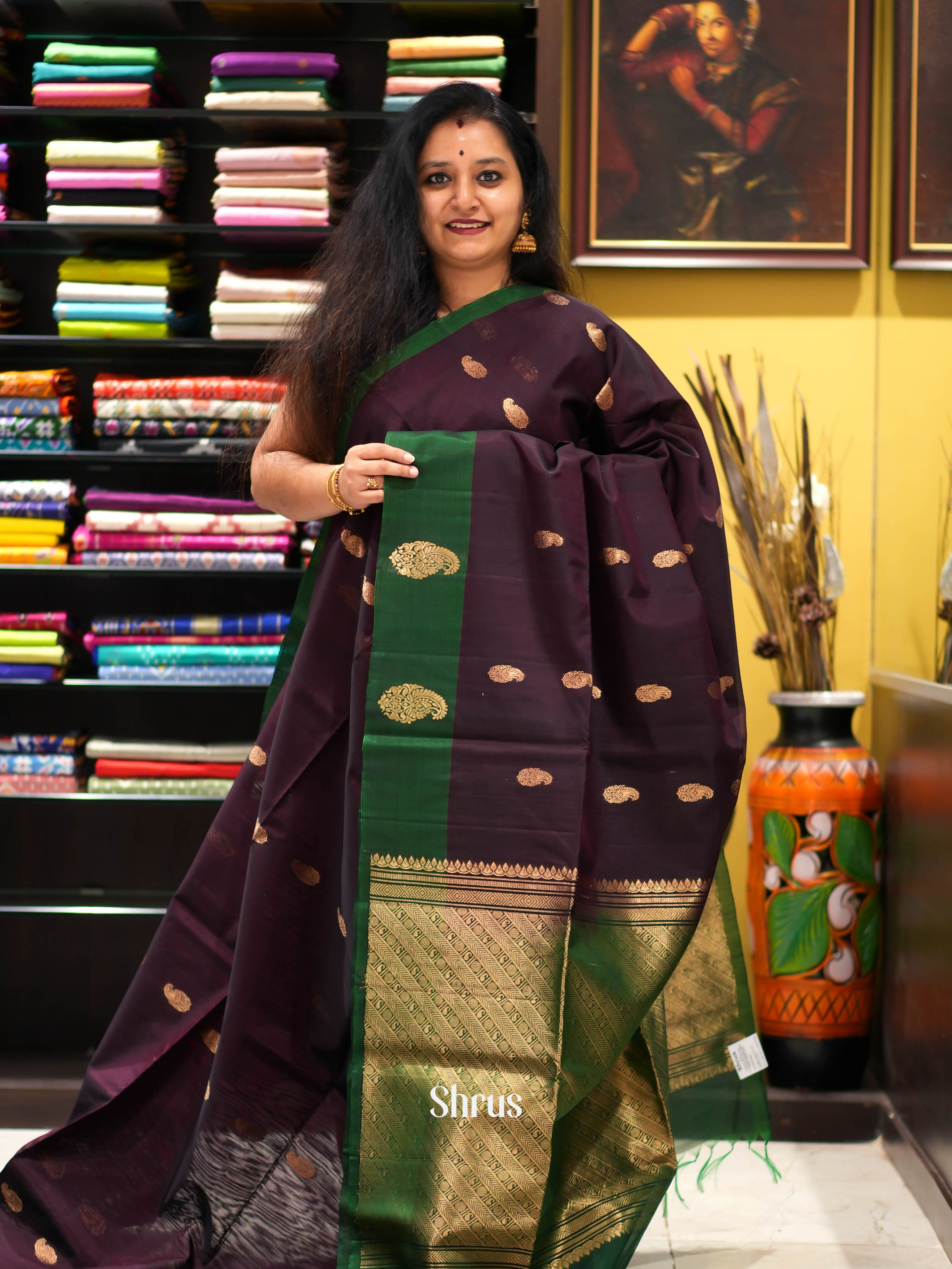 Purple & Green- Silk Cotton Saree - Shop on ShrusEternity.com