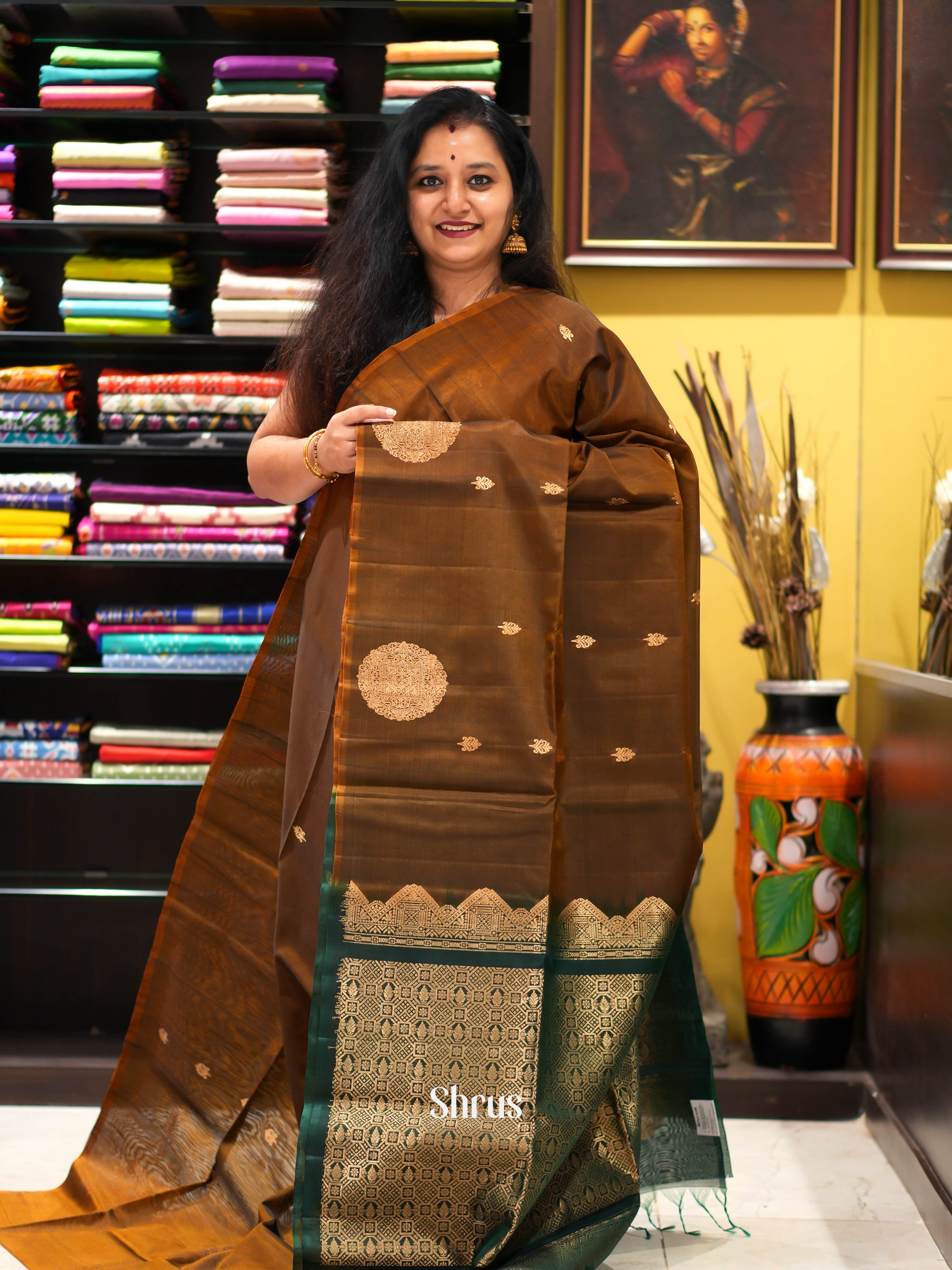 Brown & Green - Silk Cotton Saree - Shop on ShrusEternity.com